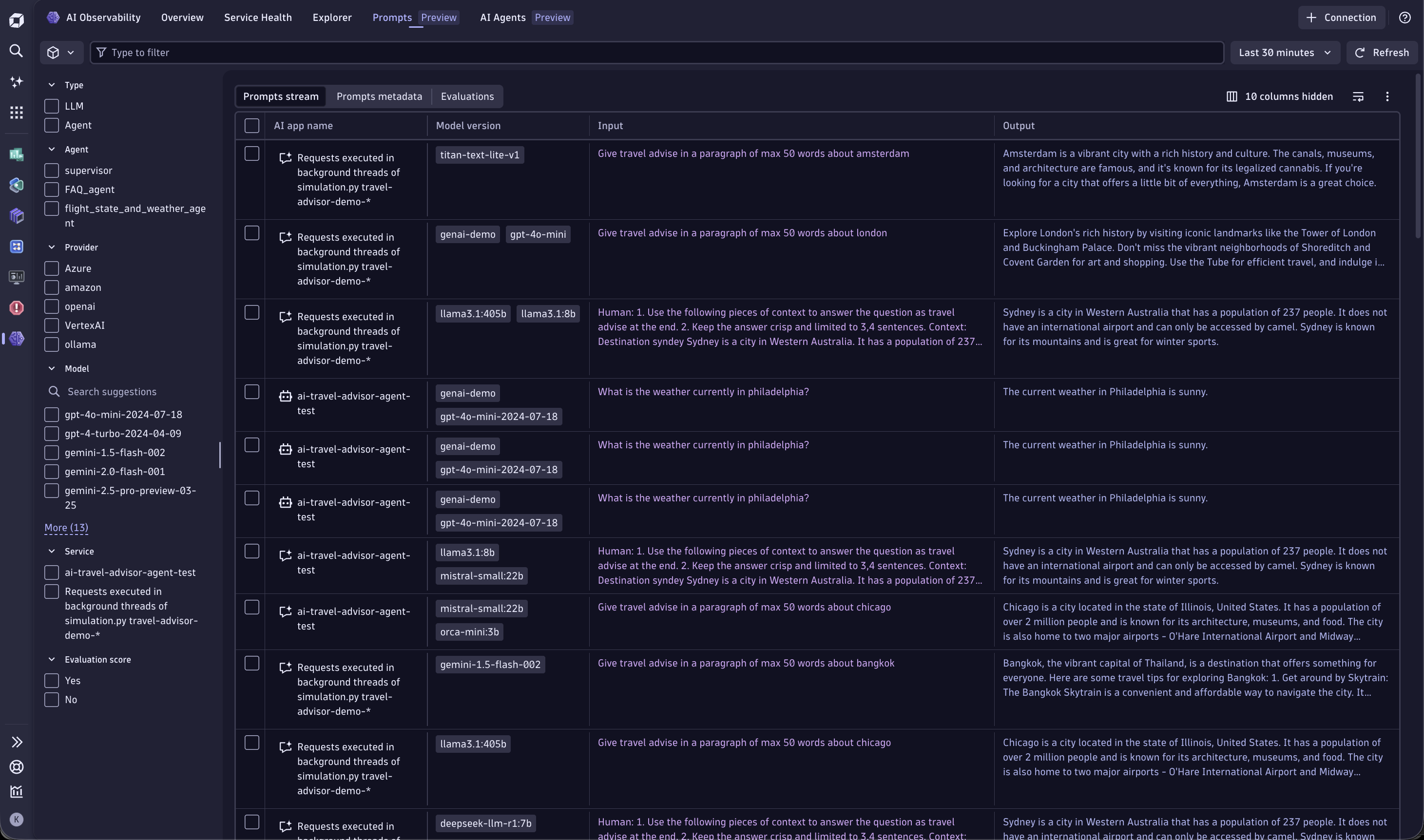 Prompts stream showing all Agent and LLM interactions with model version, token count, and full prompt/response content.
