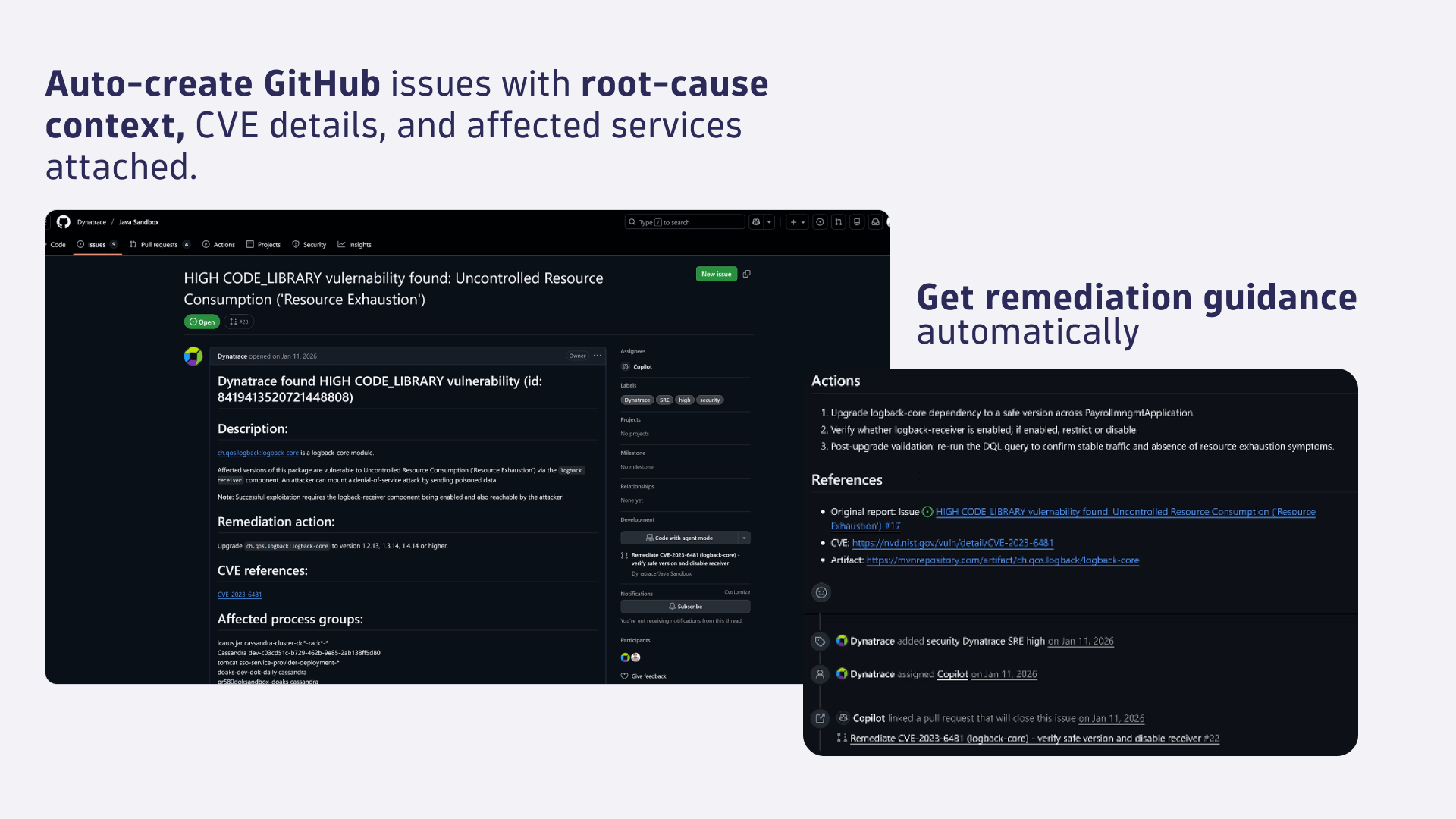 Auto-create Github issues with root-cause context, CVE, and affected services attached