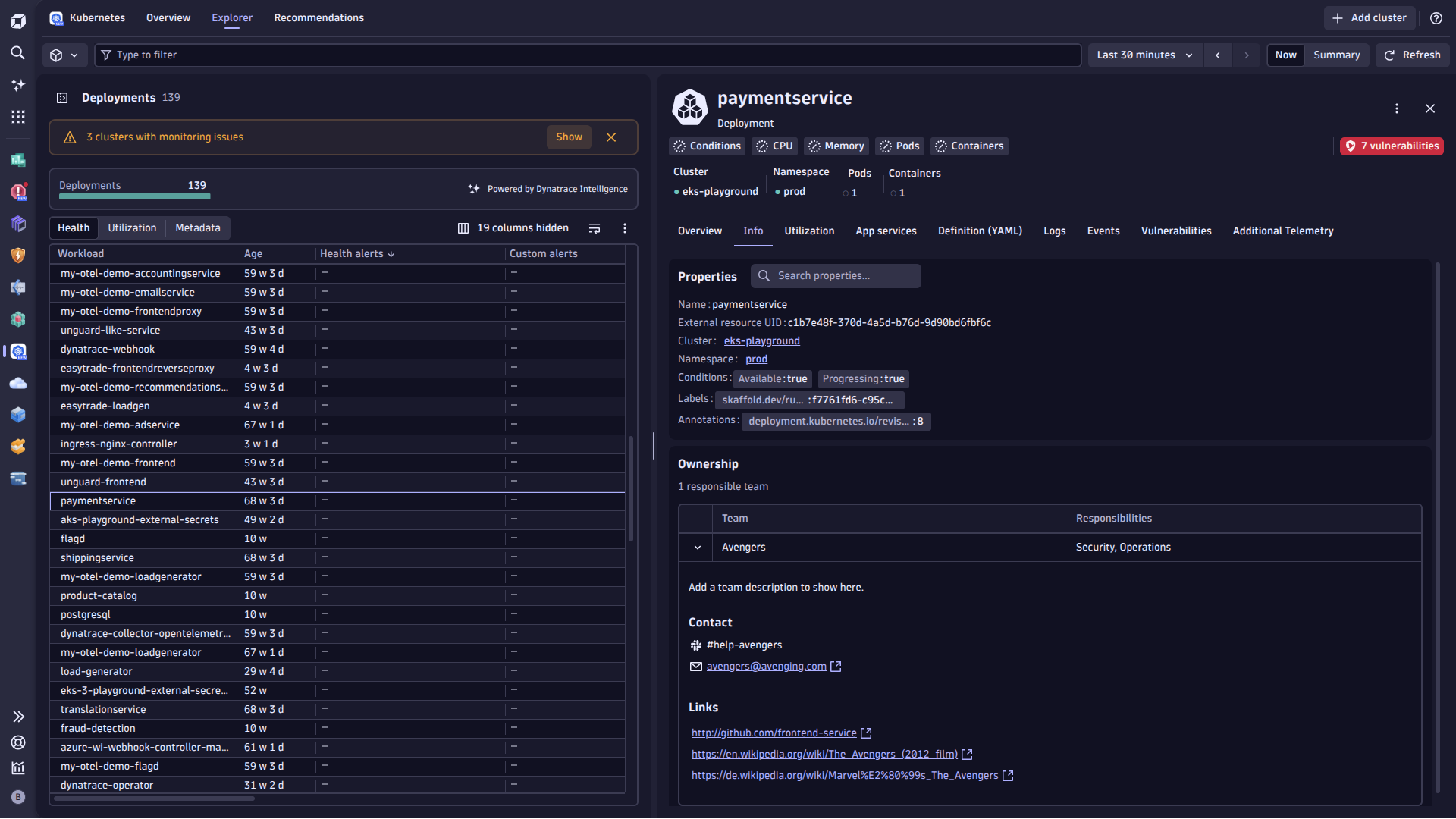 Web-UI view example: Associated Ownership Teams with a selected entity