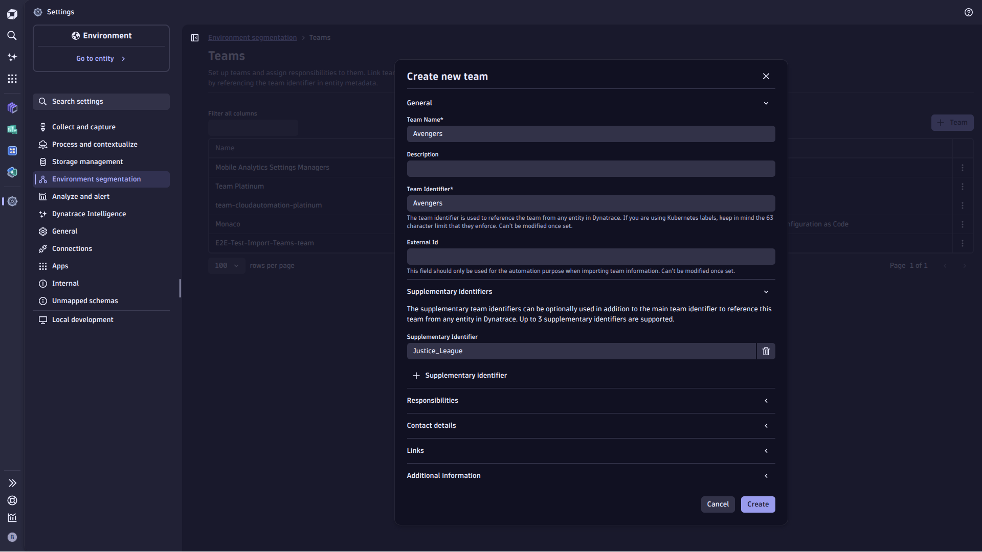 Ownership teams UI in Settings: list teams and create, edit, or delete teams and their attributes.