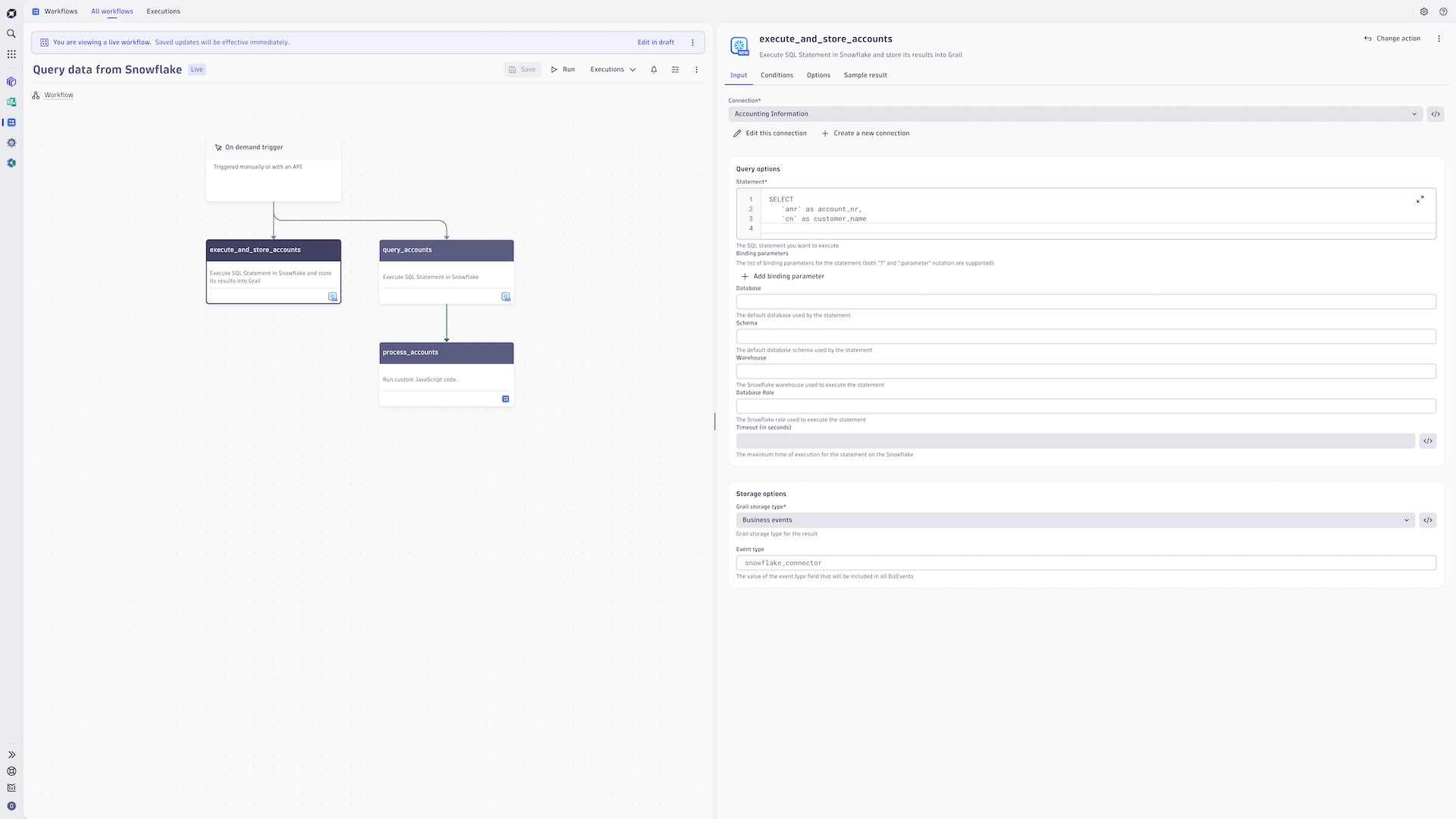 Add the SQL statement to execute queries on Snowflake. Use the form fields to set relevant parameters.