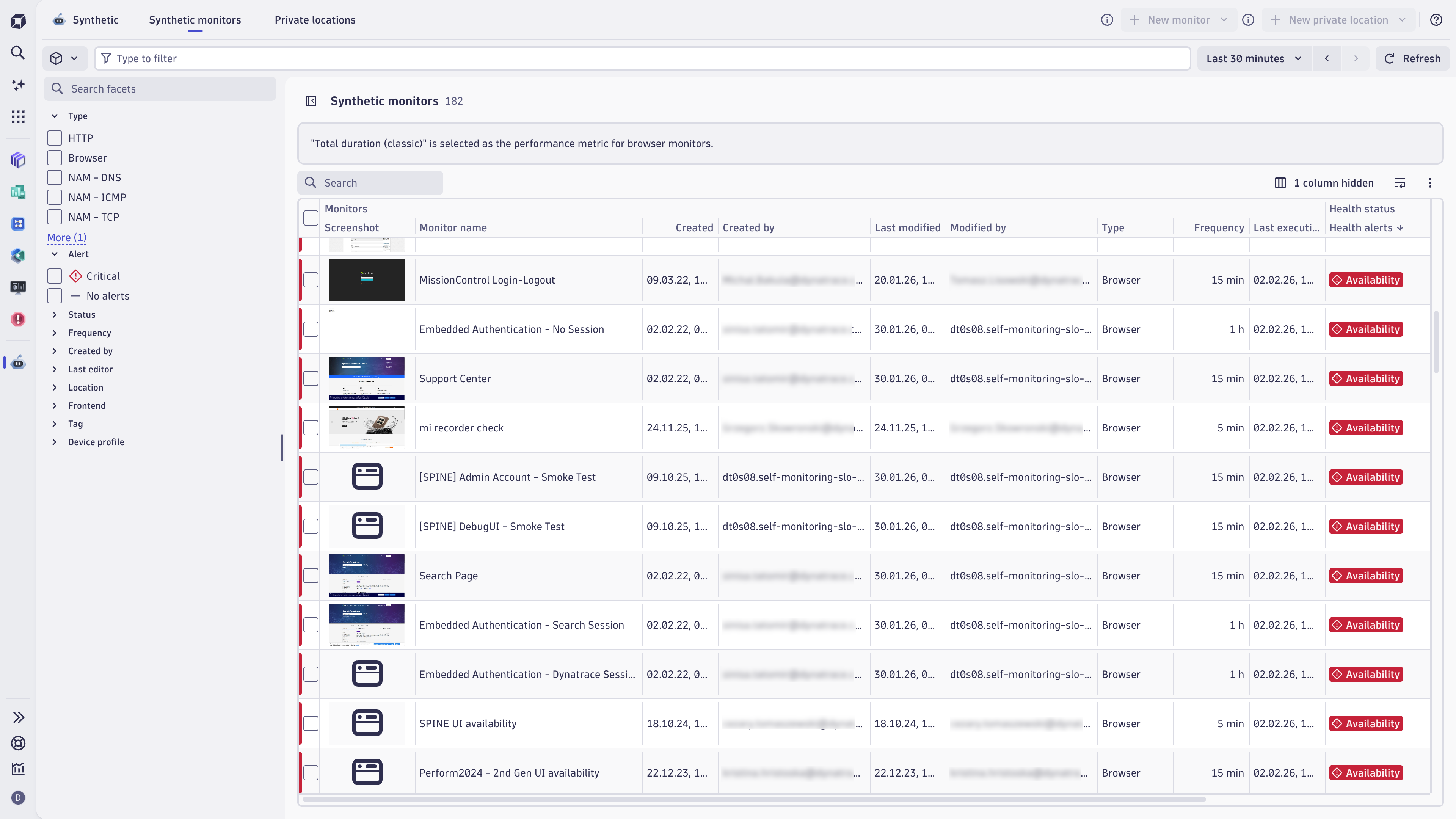 List of synthetic monitors with powerful filters, key metrics, and a preview panel showing config details and recent execution results