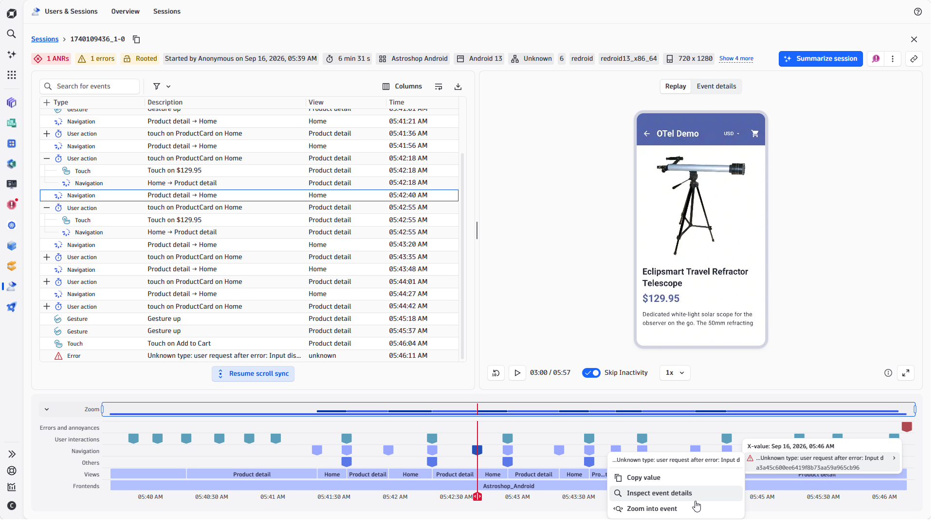 Session events, details, and attributes (browser, screen resolution, location, etc.). A list of errors, user interactions, and events is available.