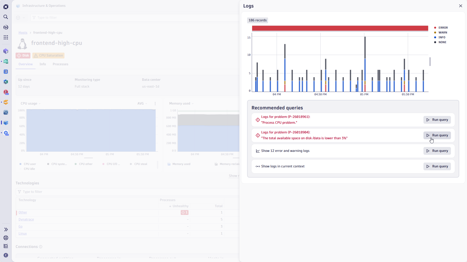 Seamlessly and effortlessly look at your logs in context of entities or problems. Automatically correlated with other, relevant logs.