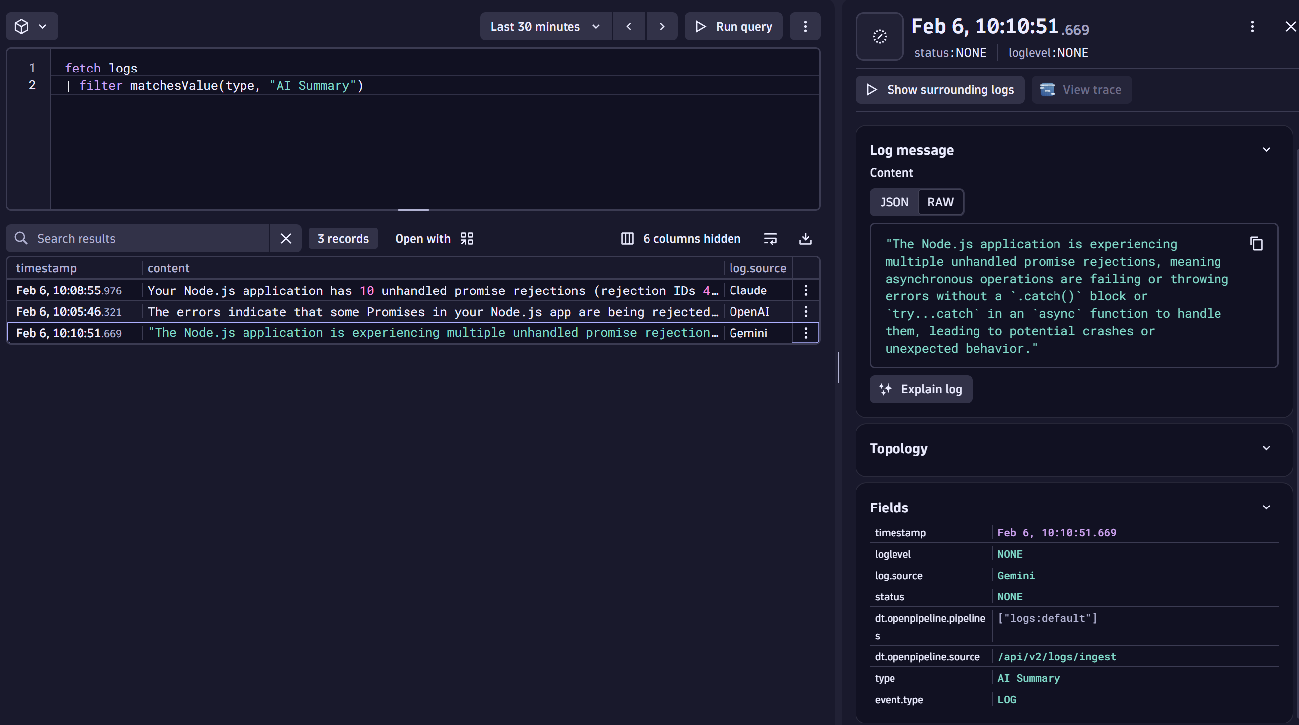 Illustrative example querying for log data and asking Gemini for further error analysis.