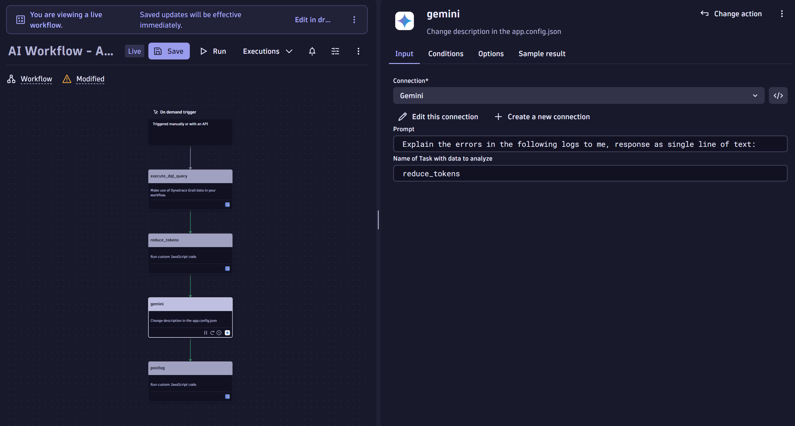 Dynatrace workflow with Gemini action.