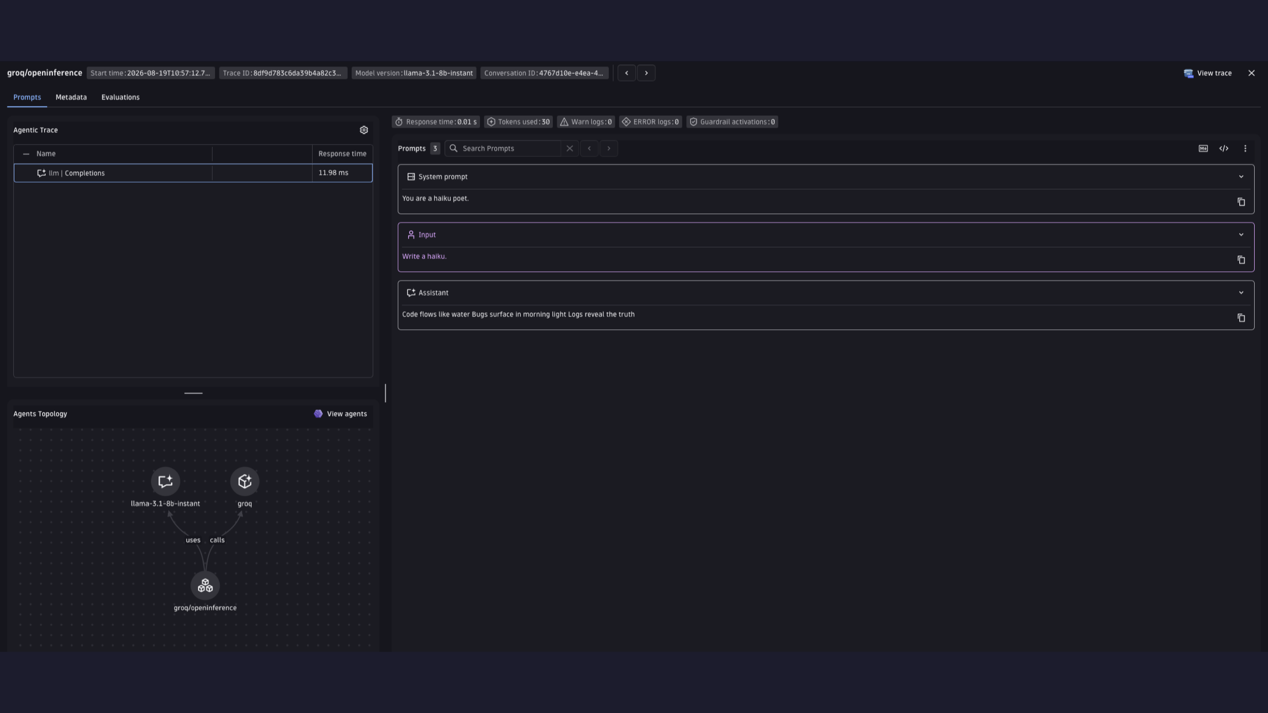 Prompt and trace details of a Groq request