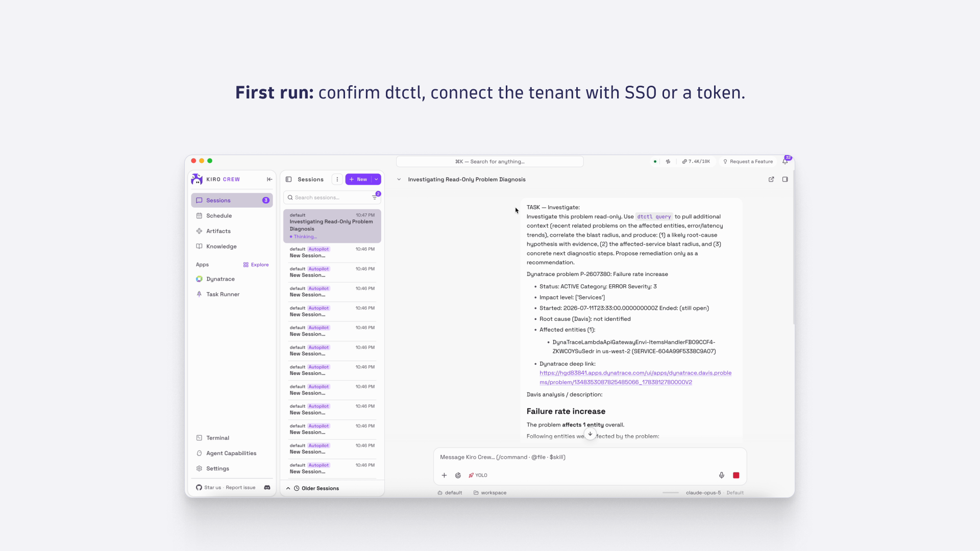 First run: confirm dtctl, connect the tenant with SSO or a token.