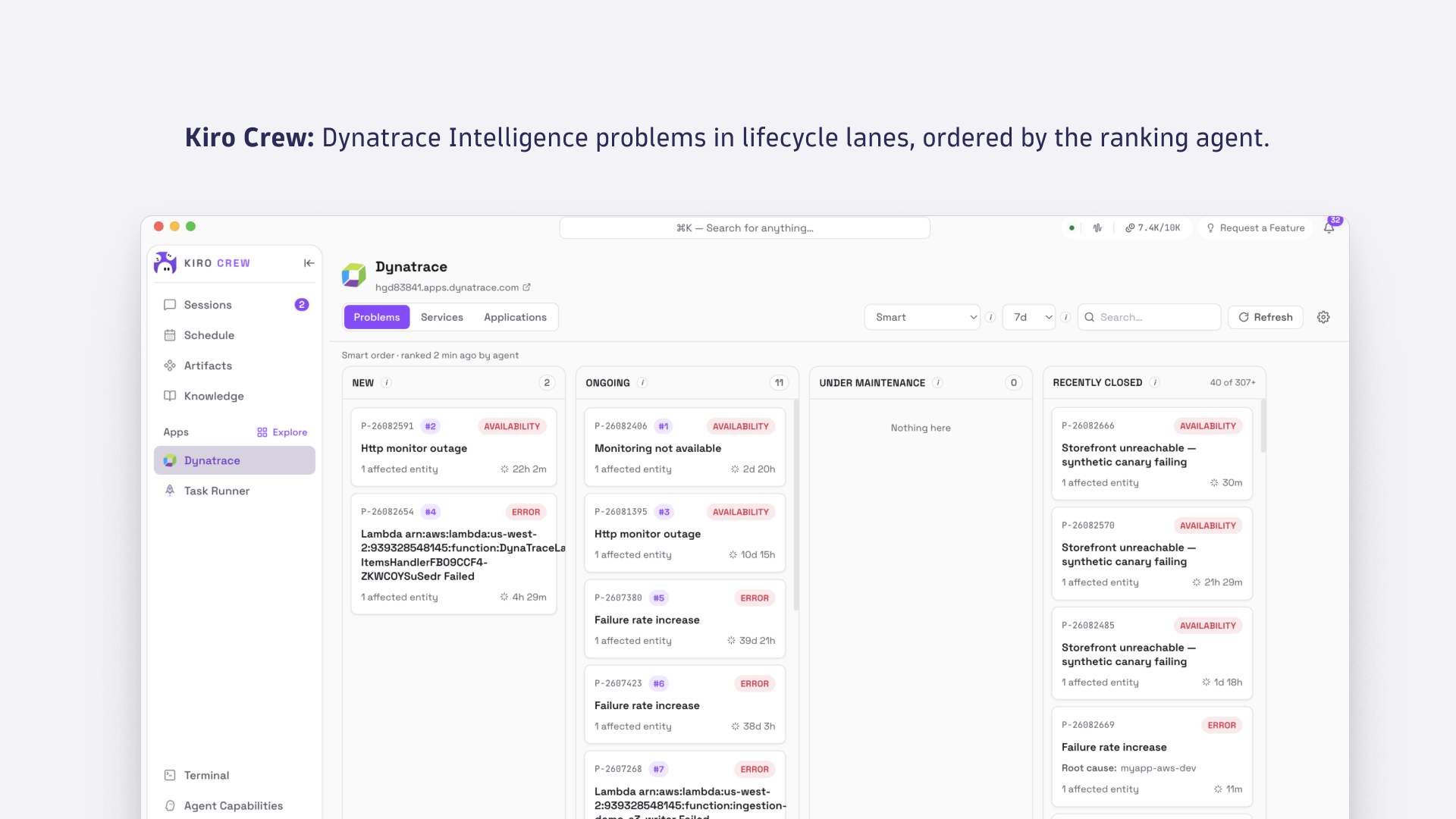 Dynatrace Intelligence problems in lifecycle lanes, ordered by the ranking agent.