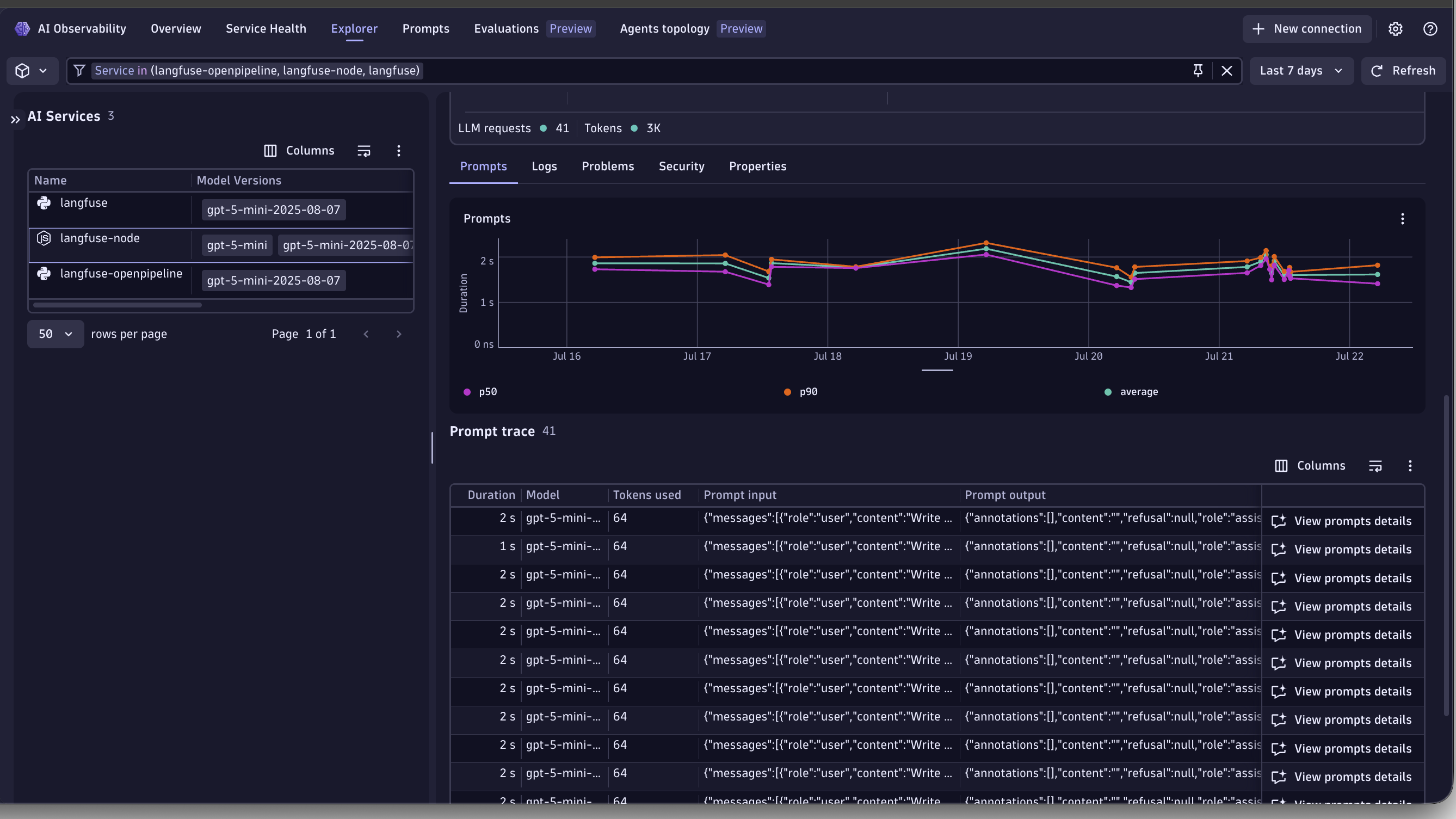 Explorer View showing token count, temperature, and full prompt/response content.
