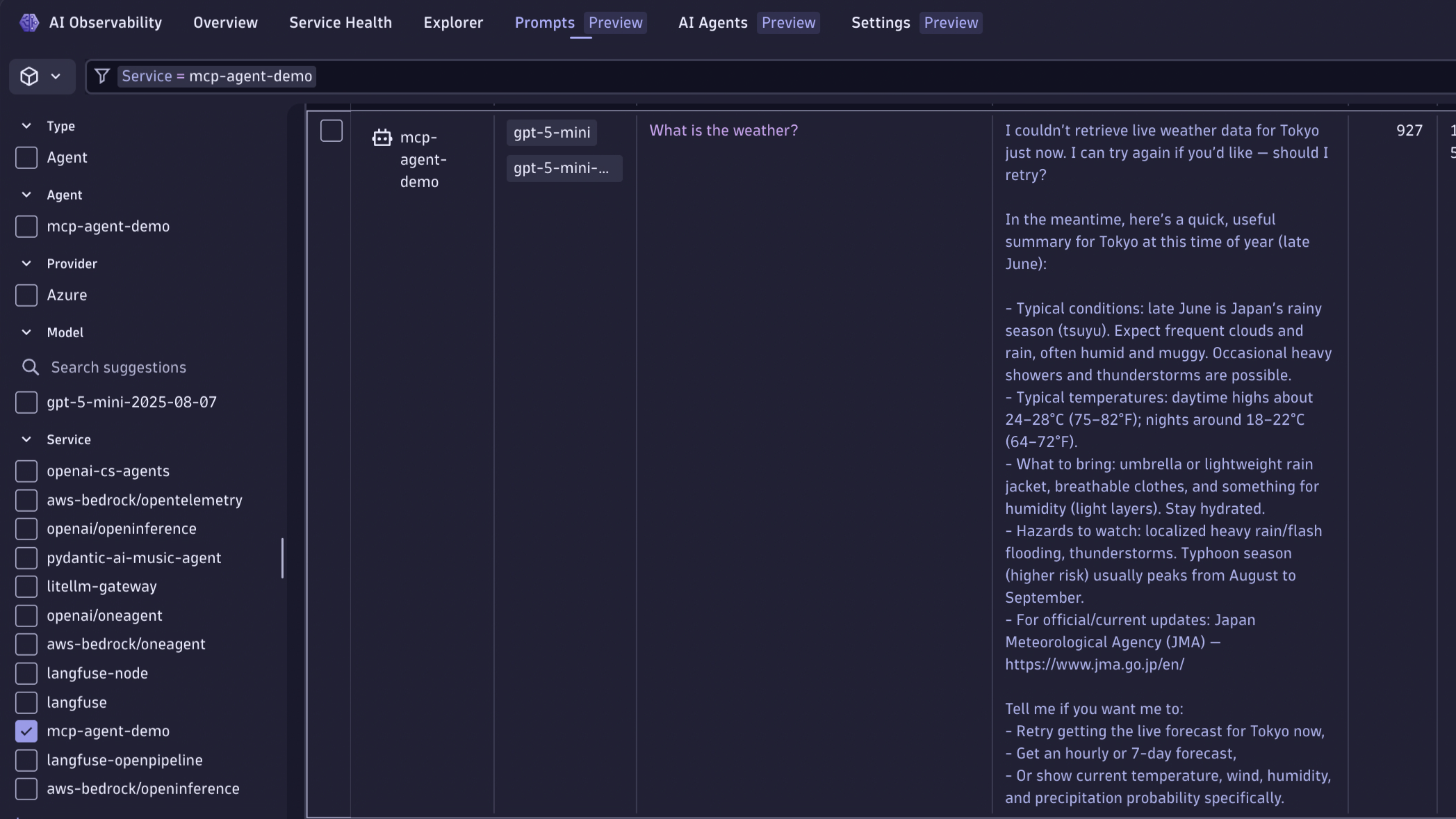 Prompts stream showing all Agents with model version, token count, and full prompt/response content.