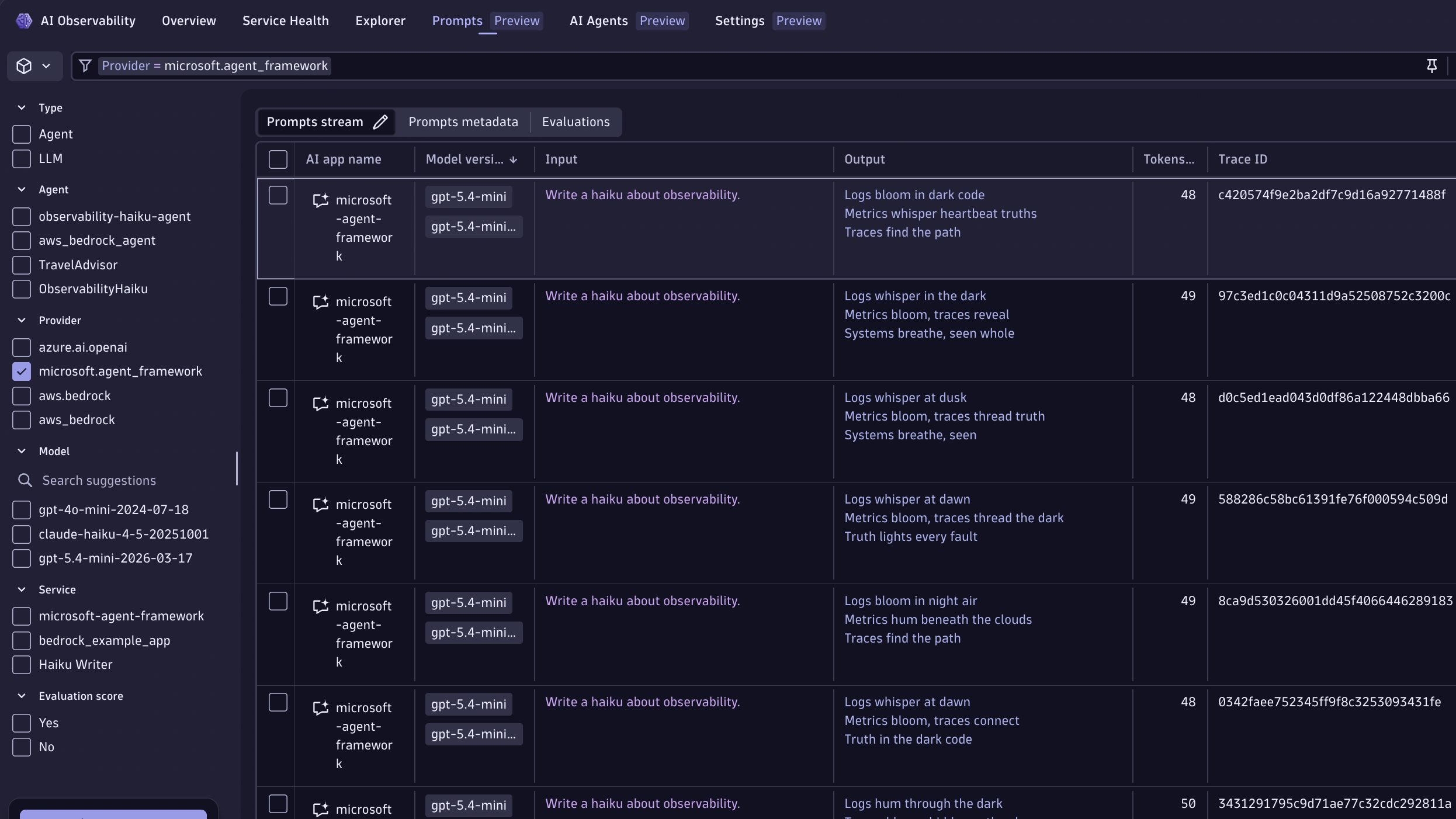 Prompts stream showing all Agent and LLM interactions with model version, token count, and full prompt/response content.