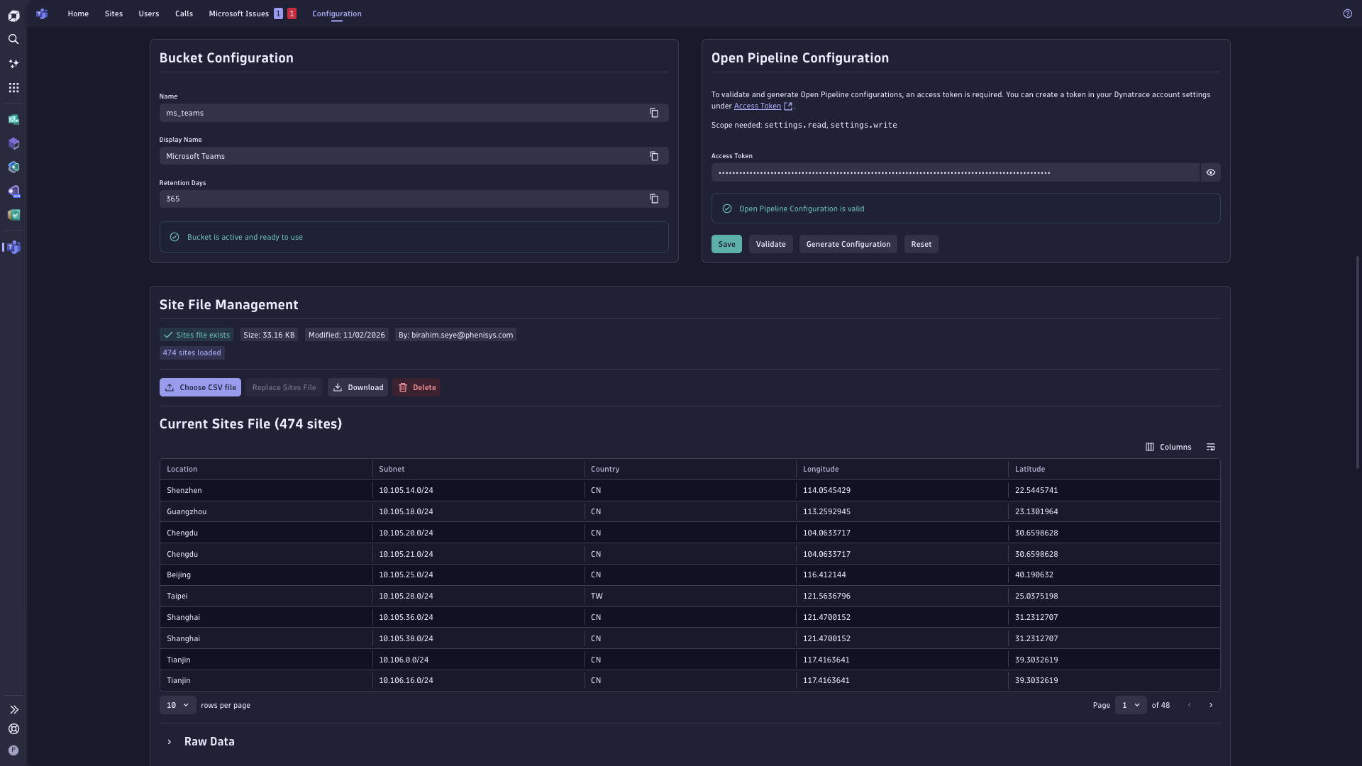 Configuration Page  Bucket - Openpipeline -Site File