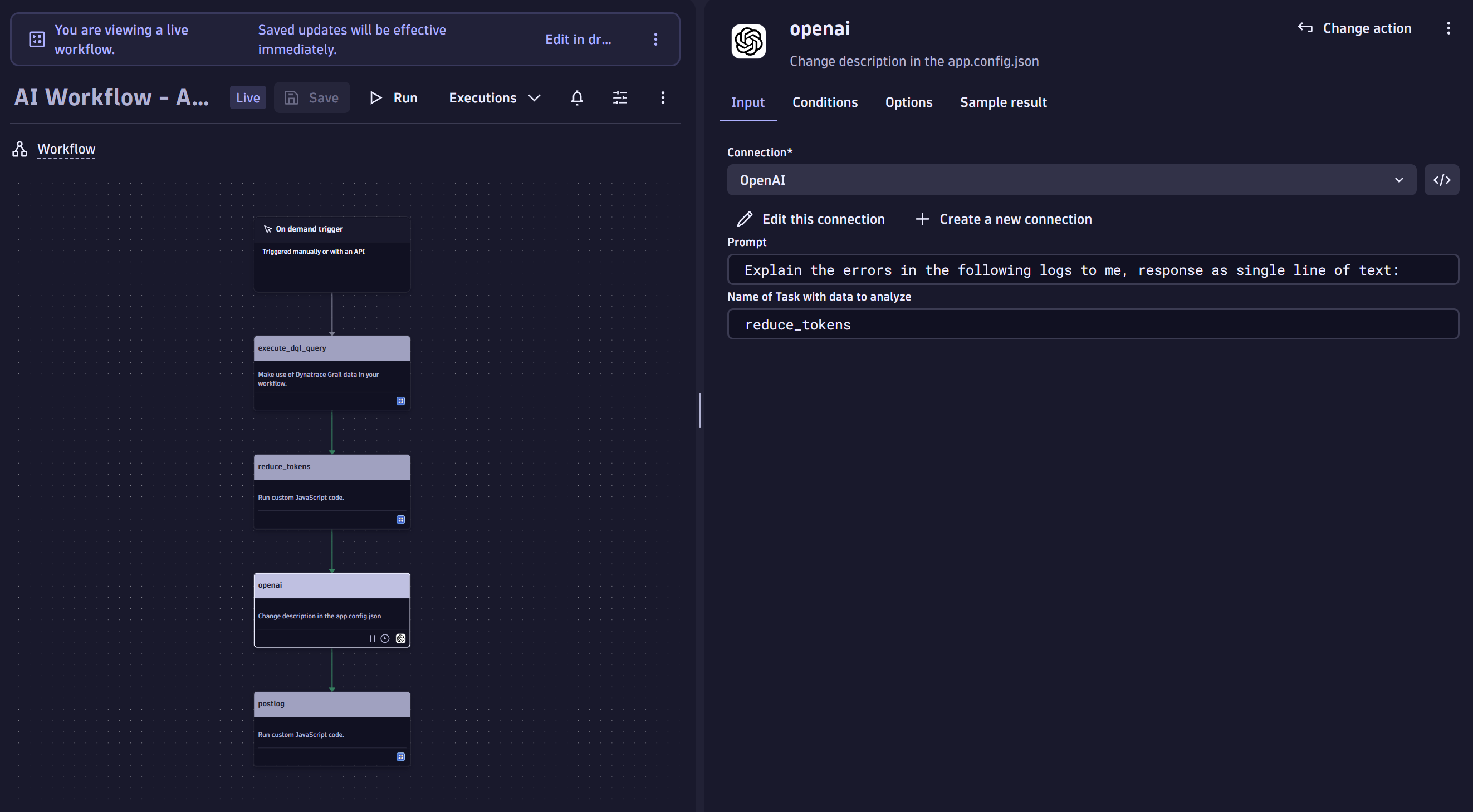 Dynatrace workflow with OpenAI action.