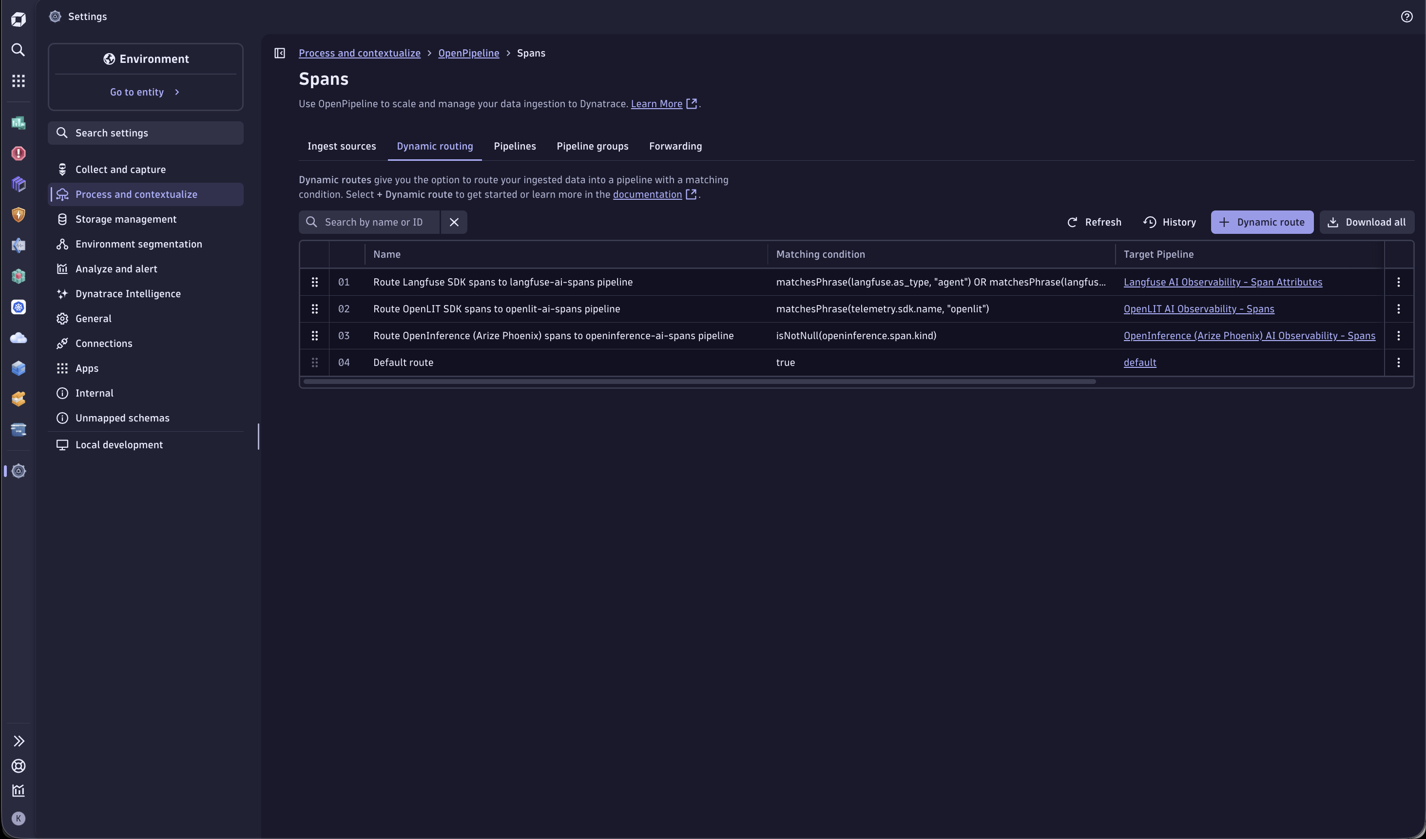 OpenPipeline dynamic routing rules directing Langfuse, OpenLIT, and OpenInference spans to dedicated attribute-normalization pipelines.