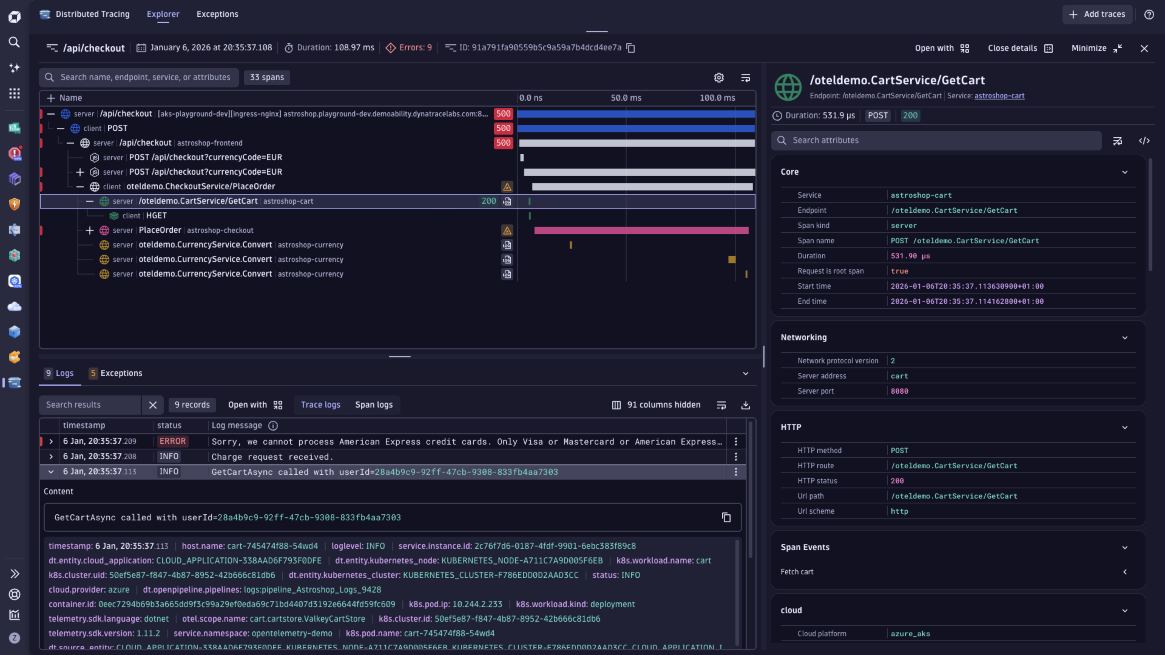 Dive into the details of a trace and explore related logs.
