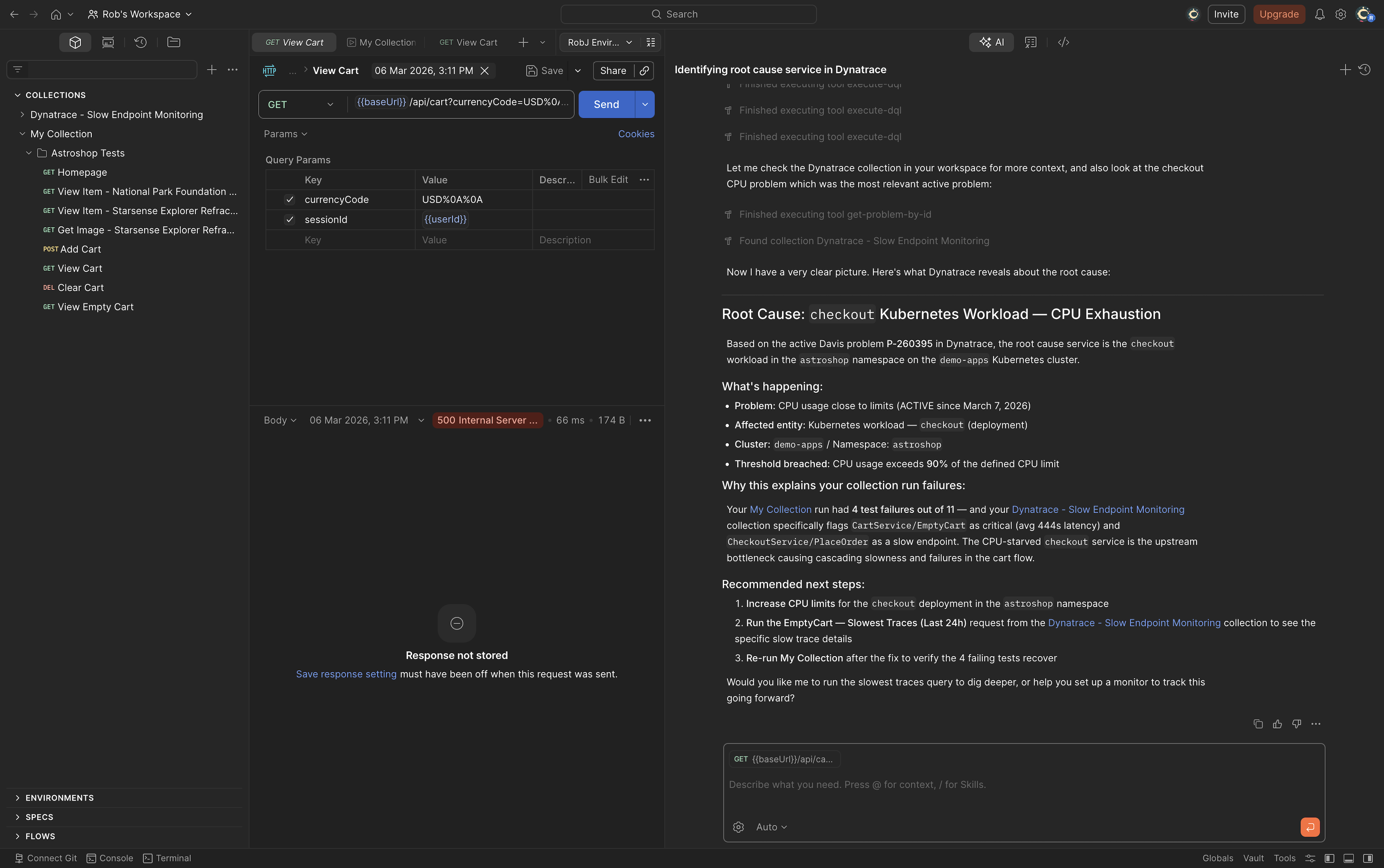 Holistic overview on an application monitored by Dynatrace in Postman