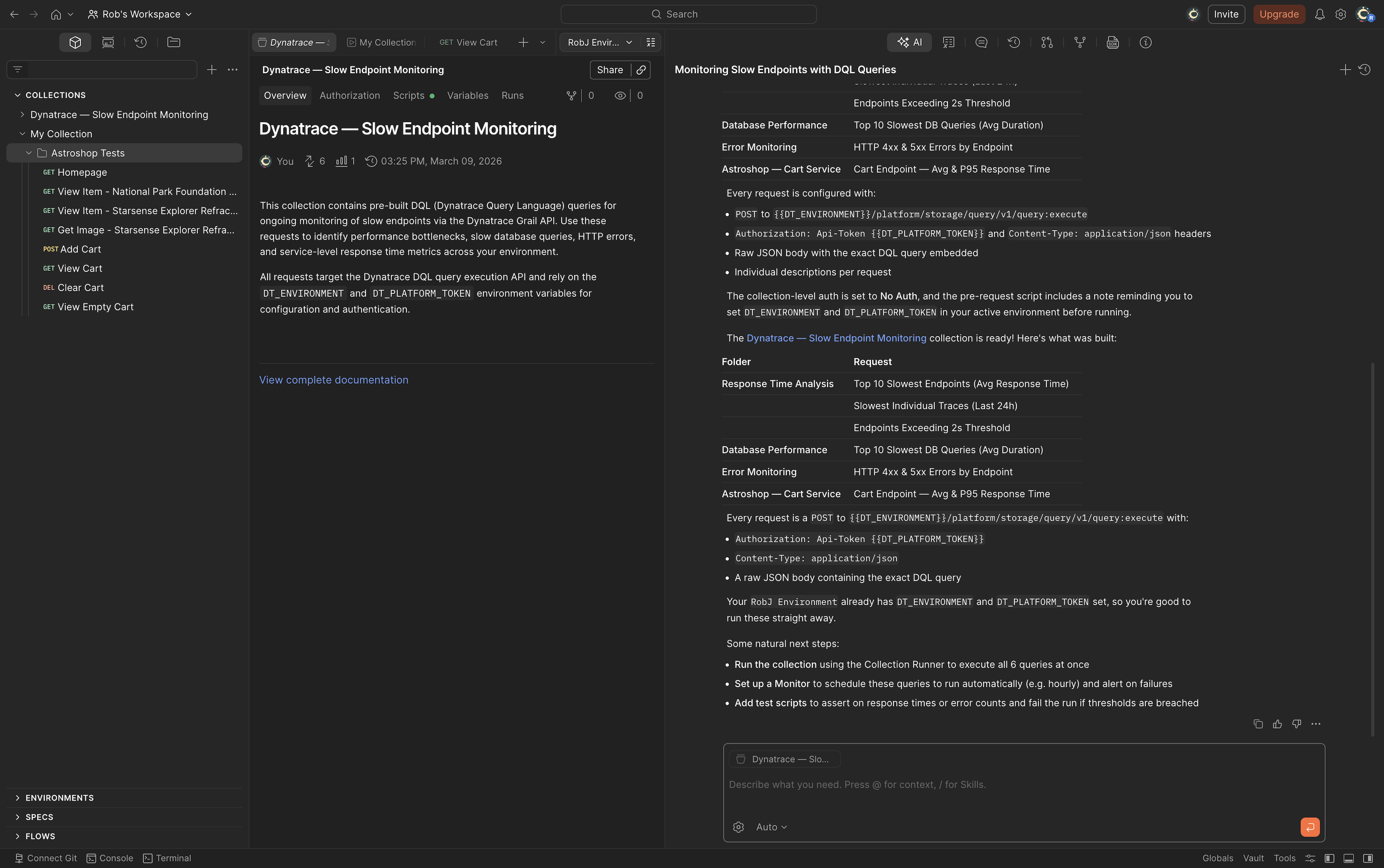Configuring scheduled monitoring to automatically receive insights from Dynatrace to Postman