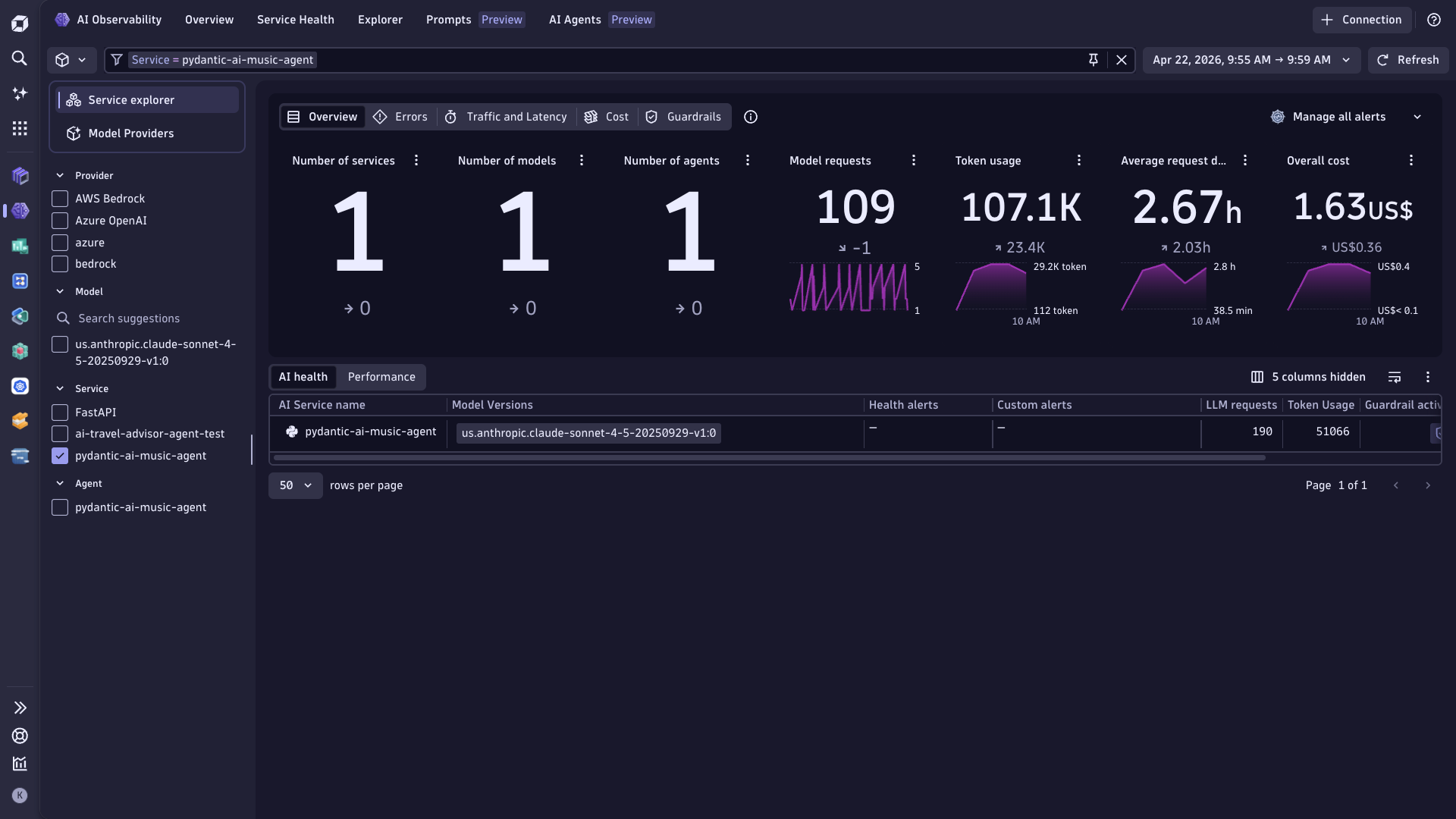 Review your Pydantic service health in the AI Observability app