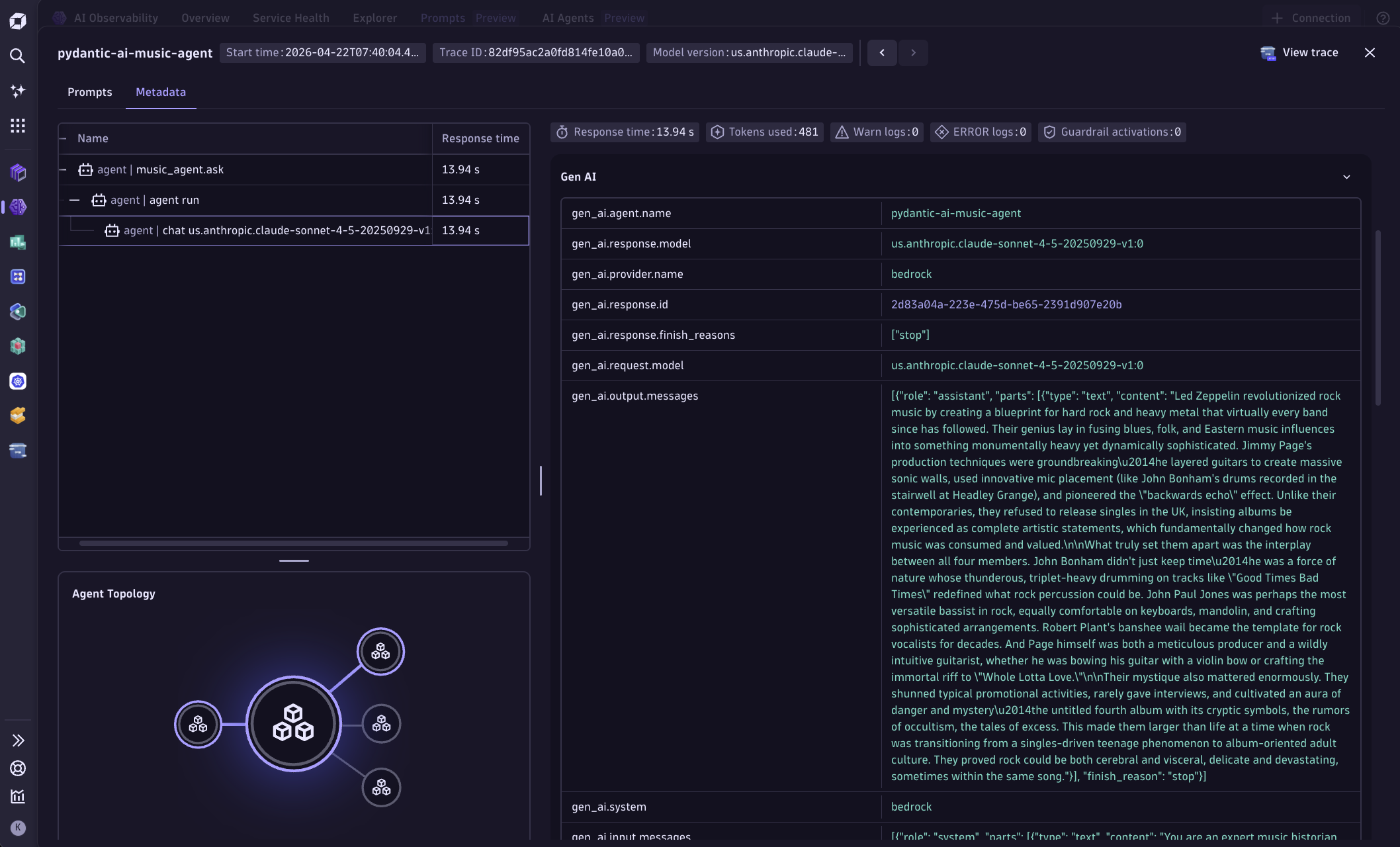View trace and debug your Pydantic Agentic trace in the AI Observability experience