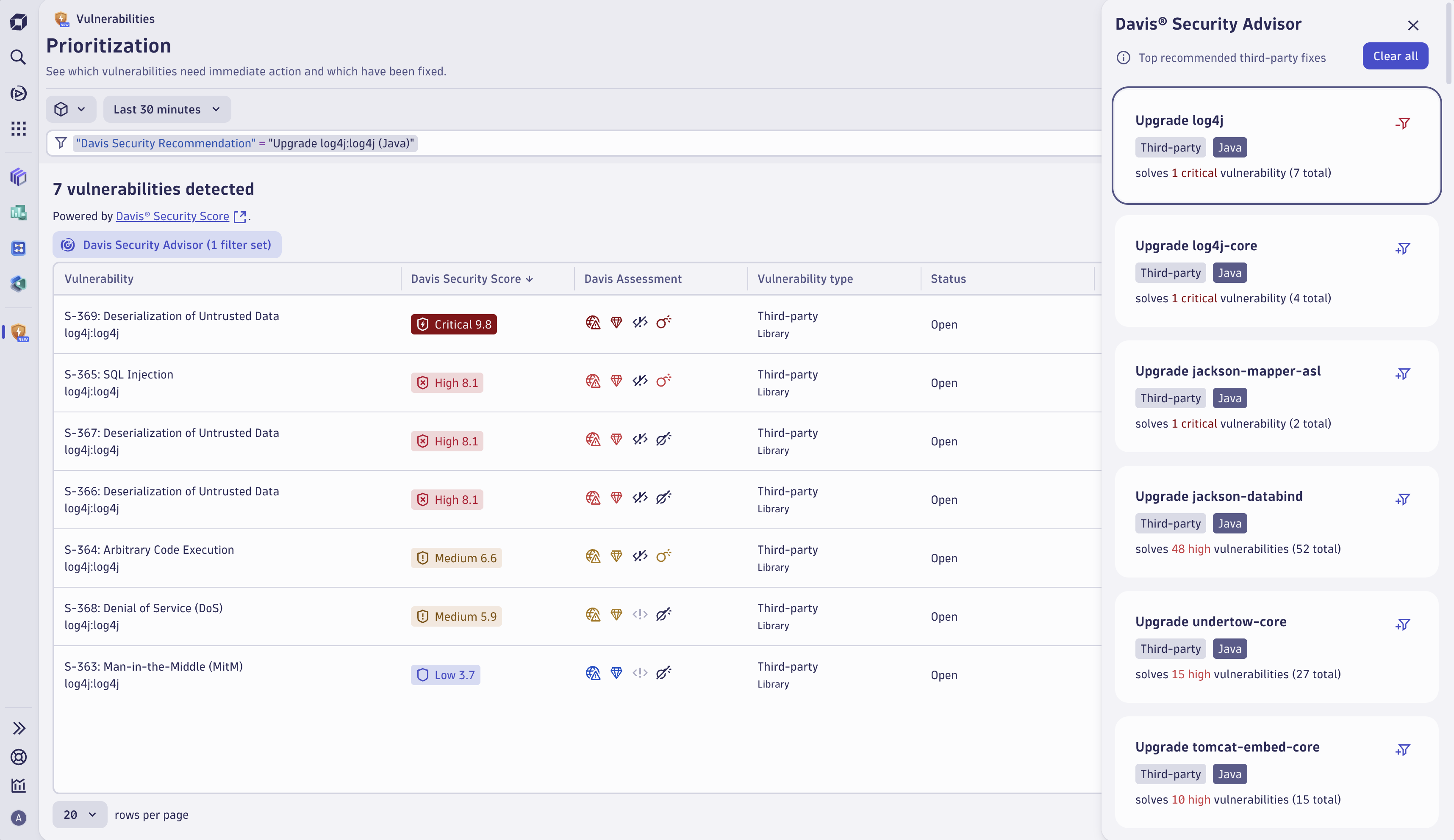 Davis Security Advisor recommends fixes consisting of library updates in the monitored technologies, helping your team prioritize the most critical vulnerabilities in your environment.