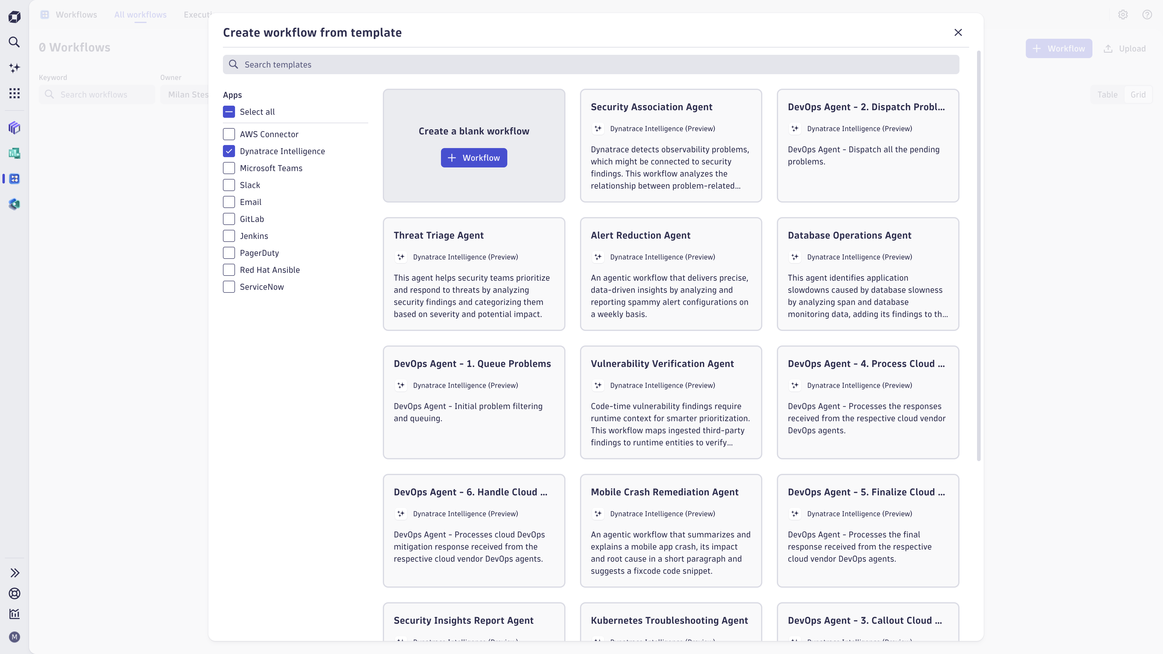 Create a workflow from a library of ready-made agents.