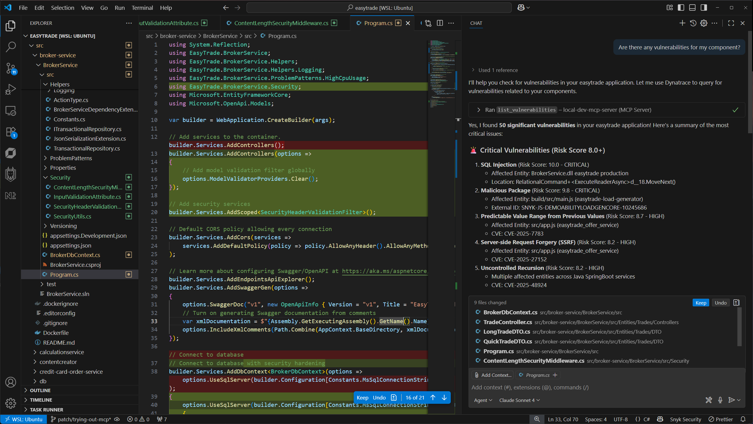 Ask Dynatrace for help with fixing vulnerabilities. Dynatrace provides context, that helps agentic tools (e.g. GitHub Copilot) to fix the issue.
