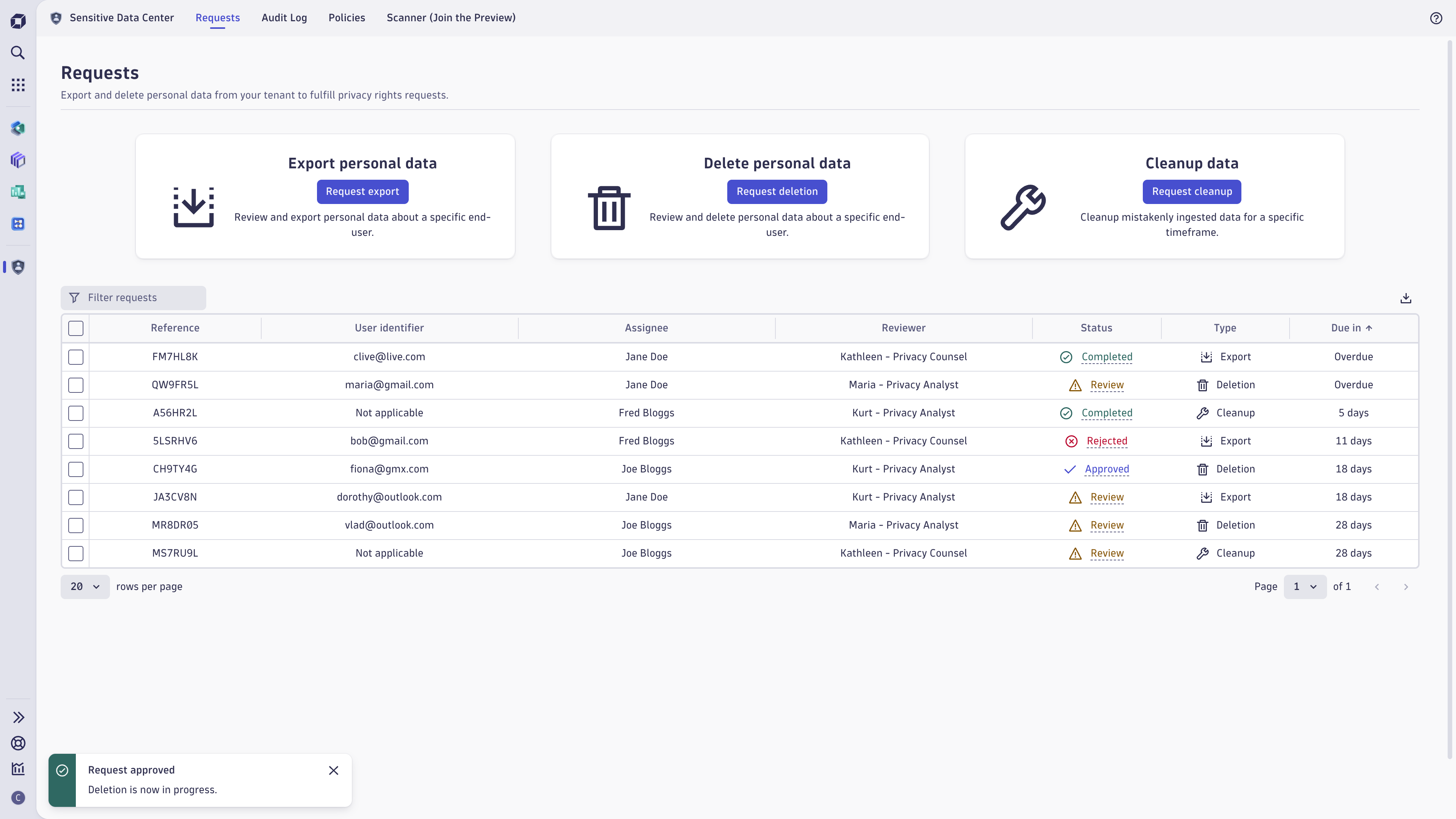Create a request to review and export personal data about a specific end-user. The overview includes details of all requests, including the relevant user identifier, assignees and reviewers, the current status of each request, as well as the defined due date. Audit logs and request policies can be accessed and managed from this page.