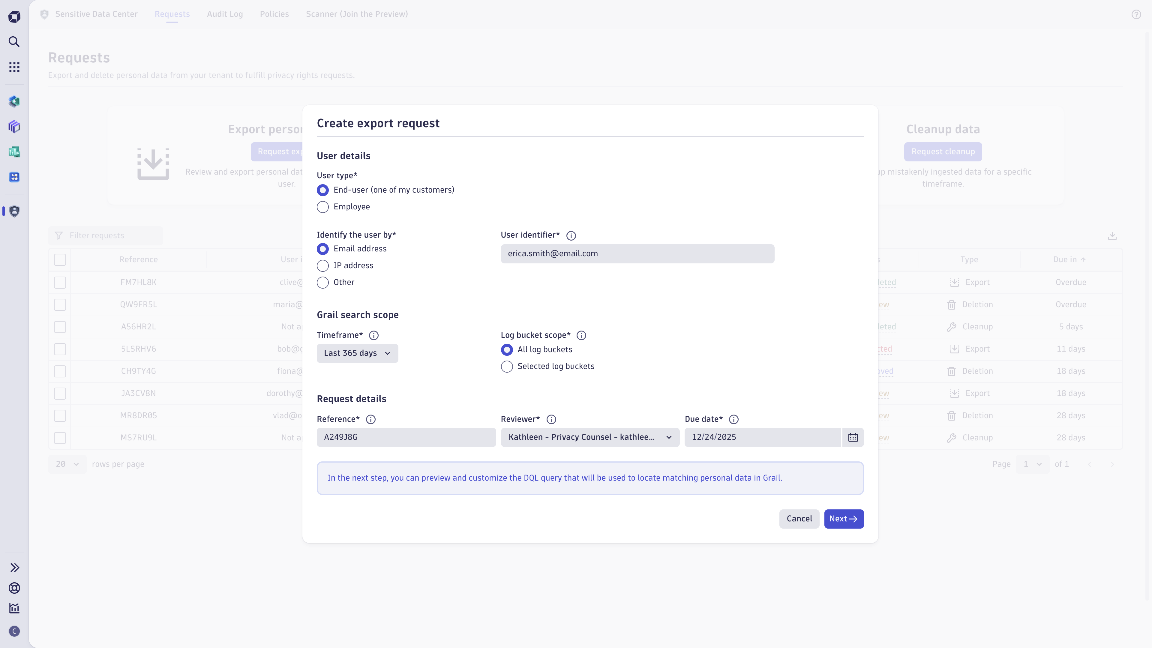 In the export request form, you specify the user details such as user type, a user identifier to search for matching data in Grail, and the scope of the search in Grail (the timeframe and log buckets).