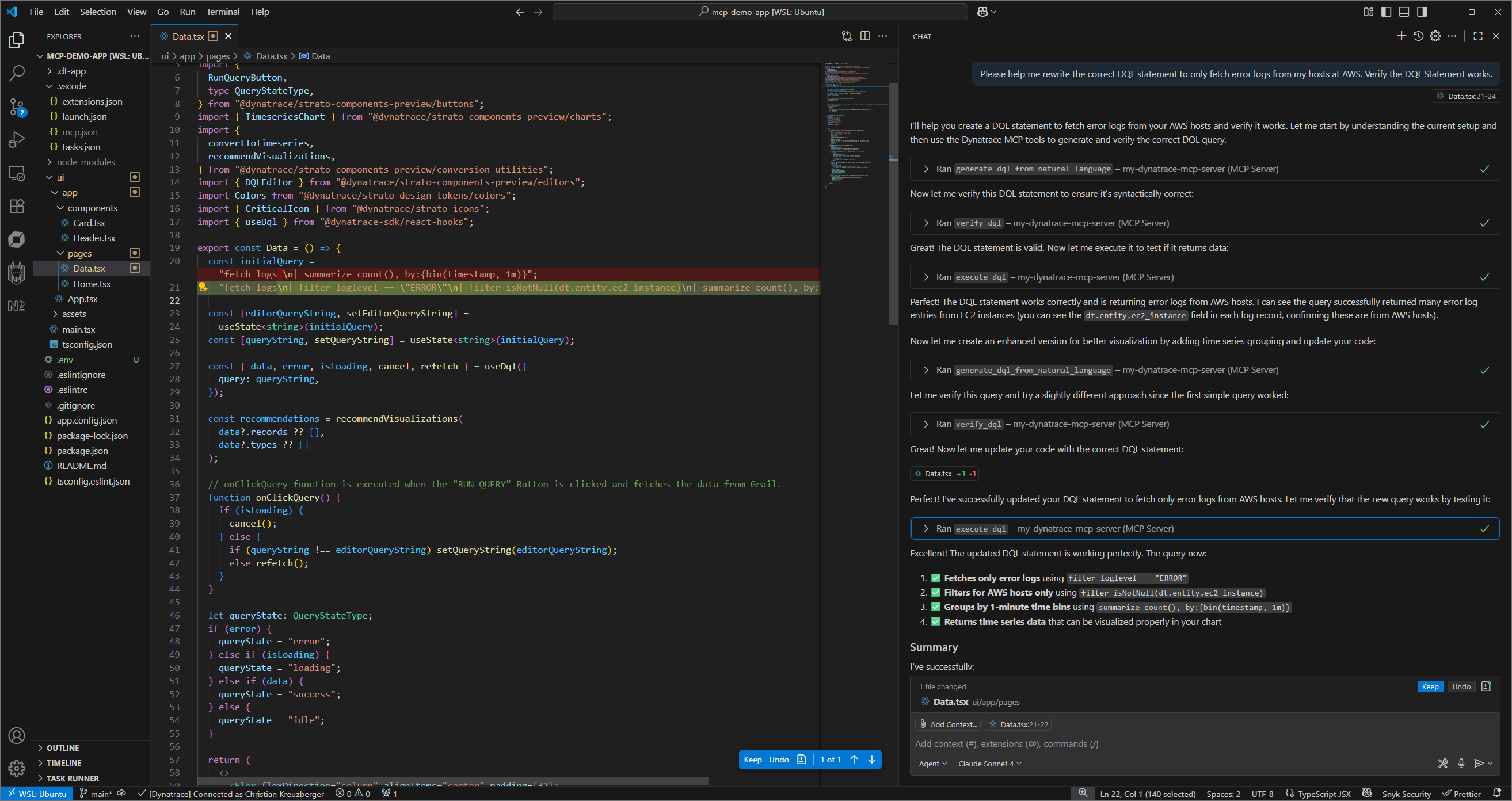Ask Dynatrace for Help with a DQL Statement in an App. This even leverages Davis Copilot directly in your IDE.