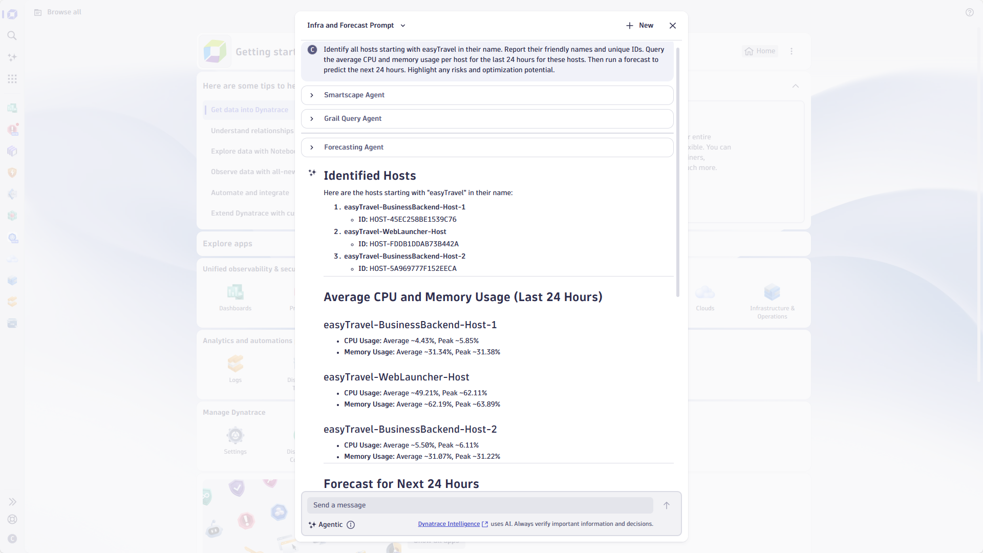 Combine different agents by asking them to create forecasts based on historical insights for all resources matching a provided keyword.