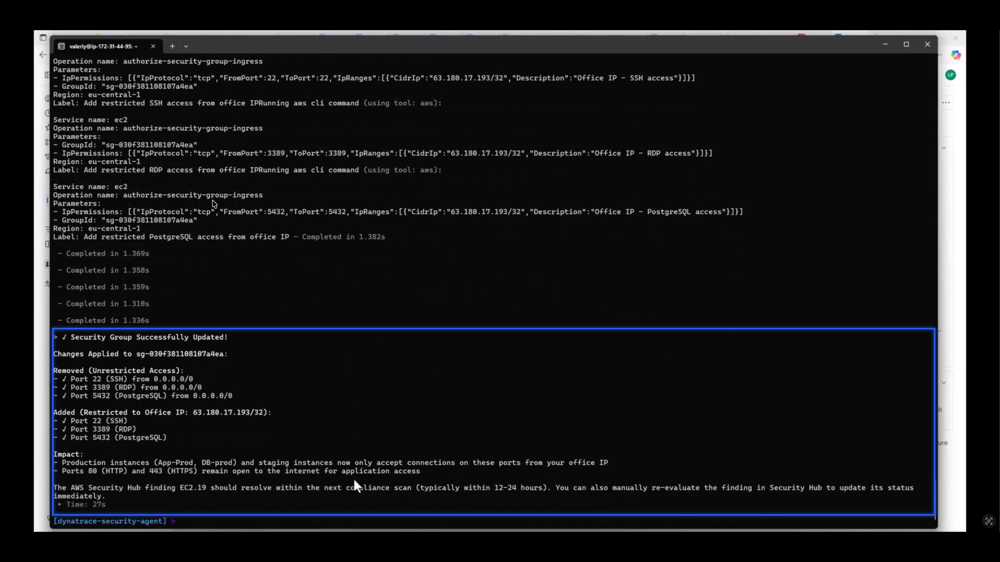 Automated remediation of a critical severity finding using Kiro CLI.