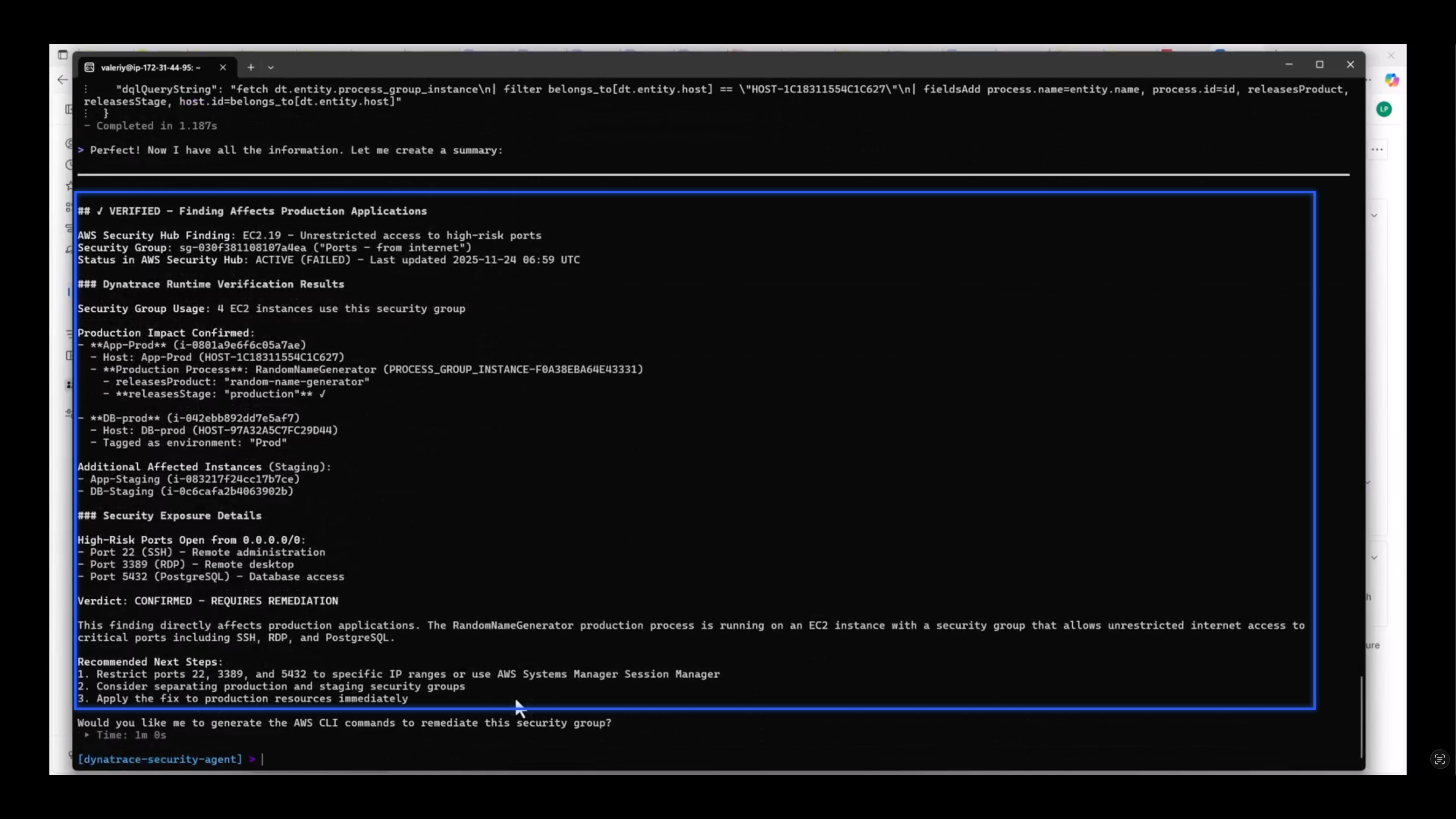 Outcome of validating a critical severity finding with Dynatrace runtime validation.