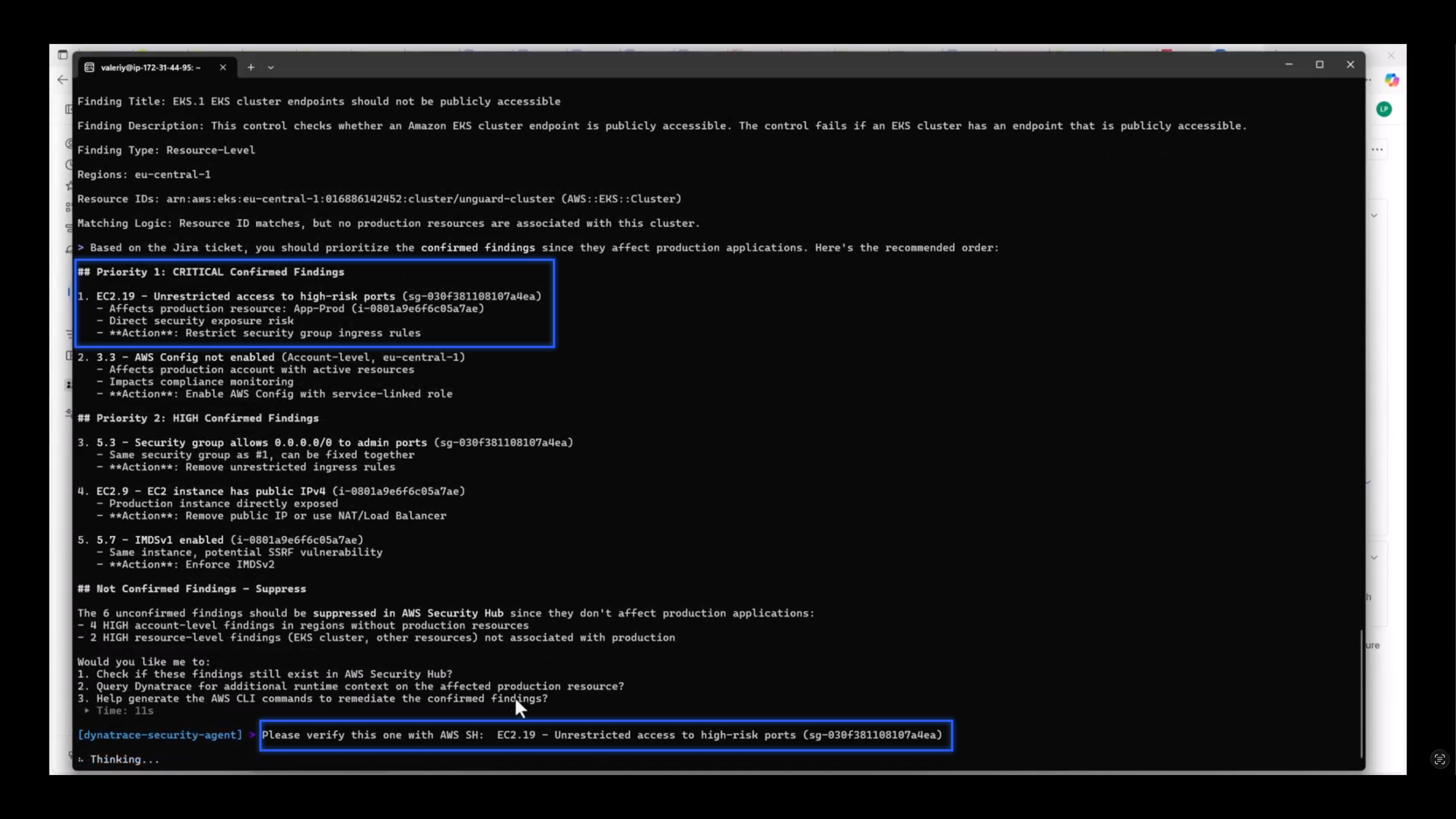 Verification of a critical severity finding from AWS Security Hub.