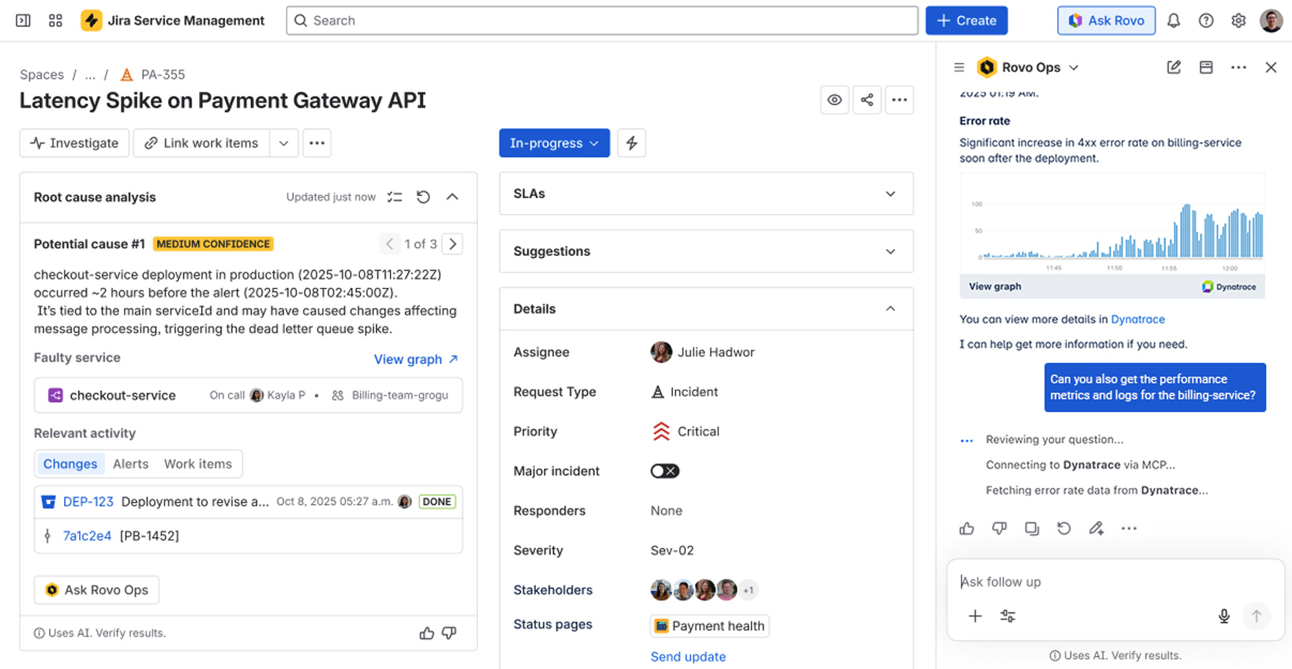 Request additional information, like performance metrics, directly by interacting with Atlassian Rovo.