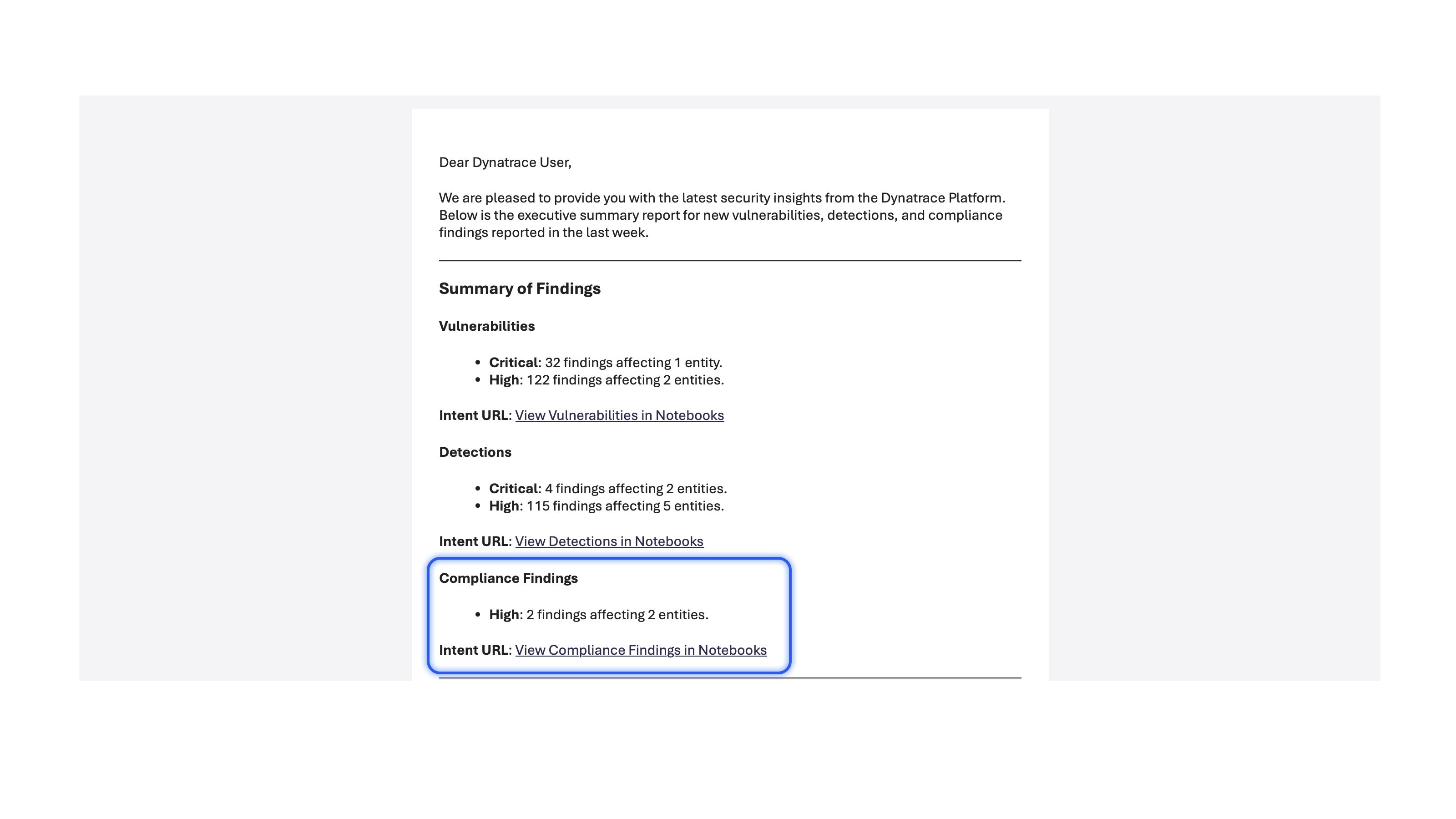 Summary of compliance findings in the environment.