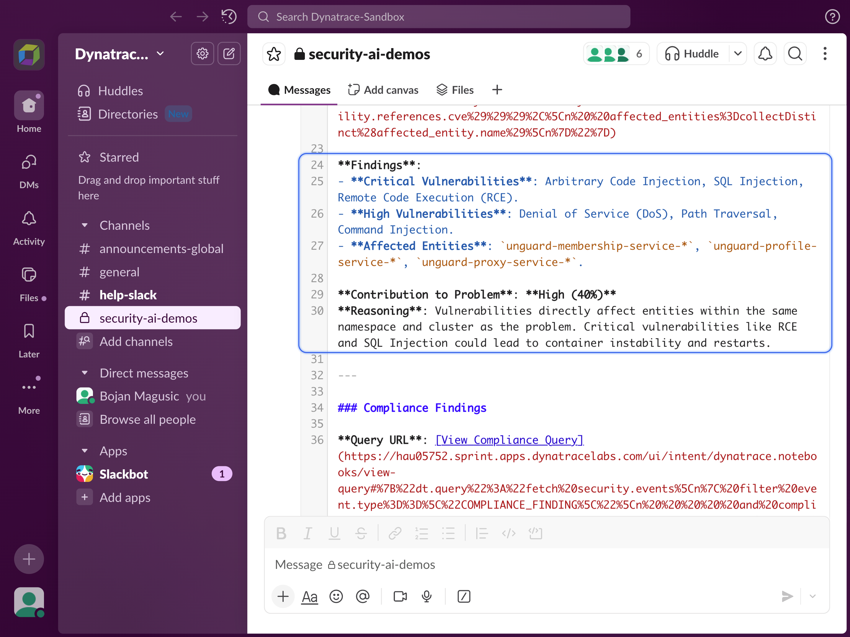 Vulnerability findings and the entities they impact.