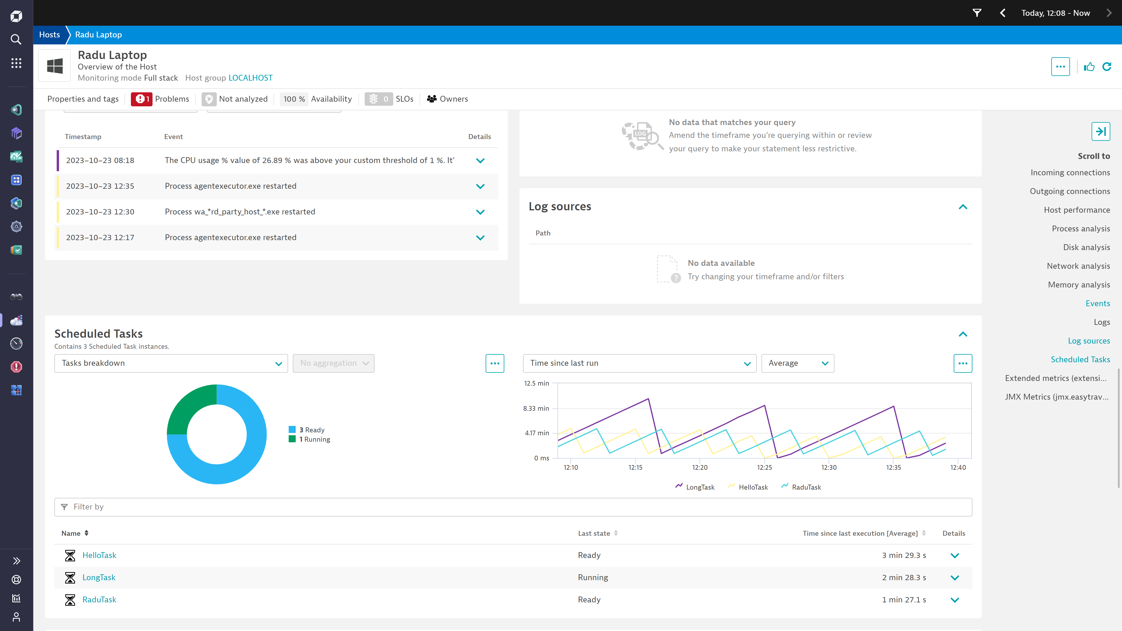 Open any of your configured hosts to view the scheduled tasks running on it. Use the drilldowns provided to explore each task in more detail.