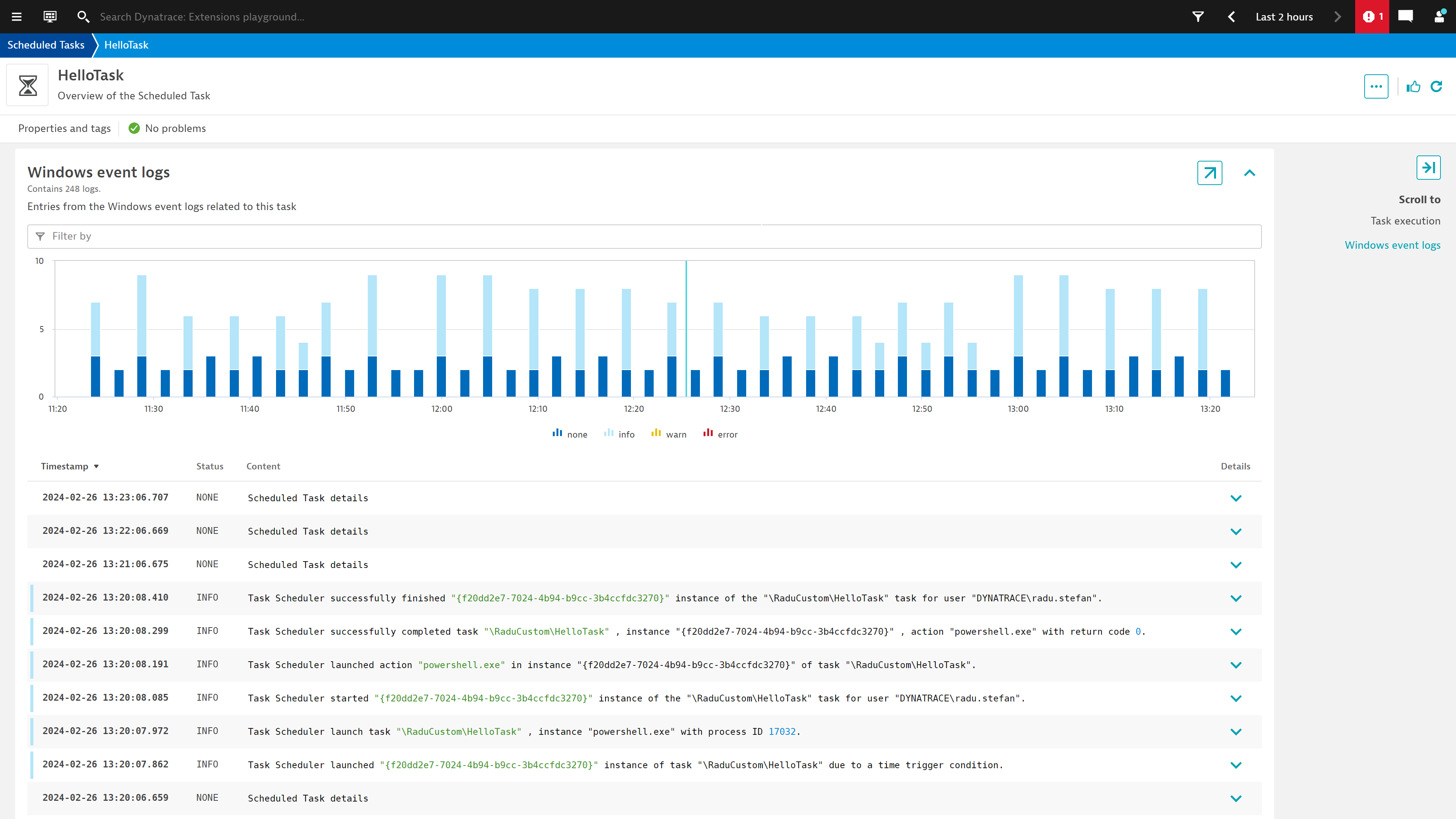 Ingesting events from the Windows Event log gives a complete picture into the execution stages and issues encountered by the task scheduler